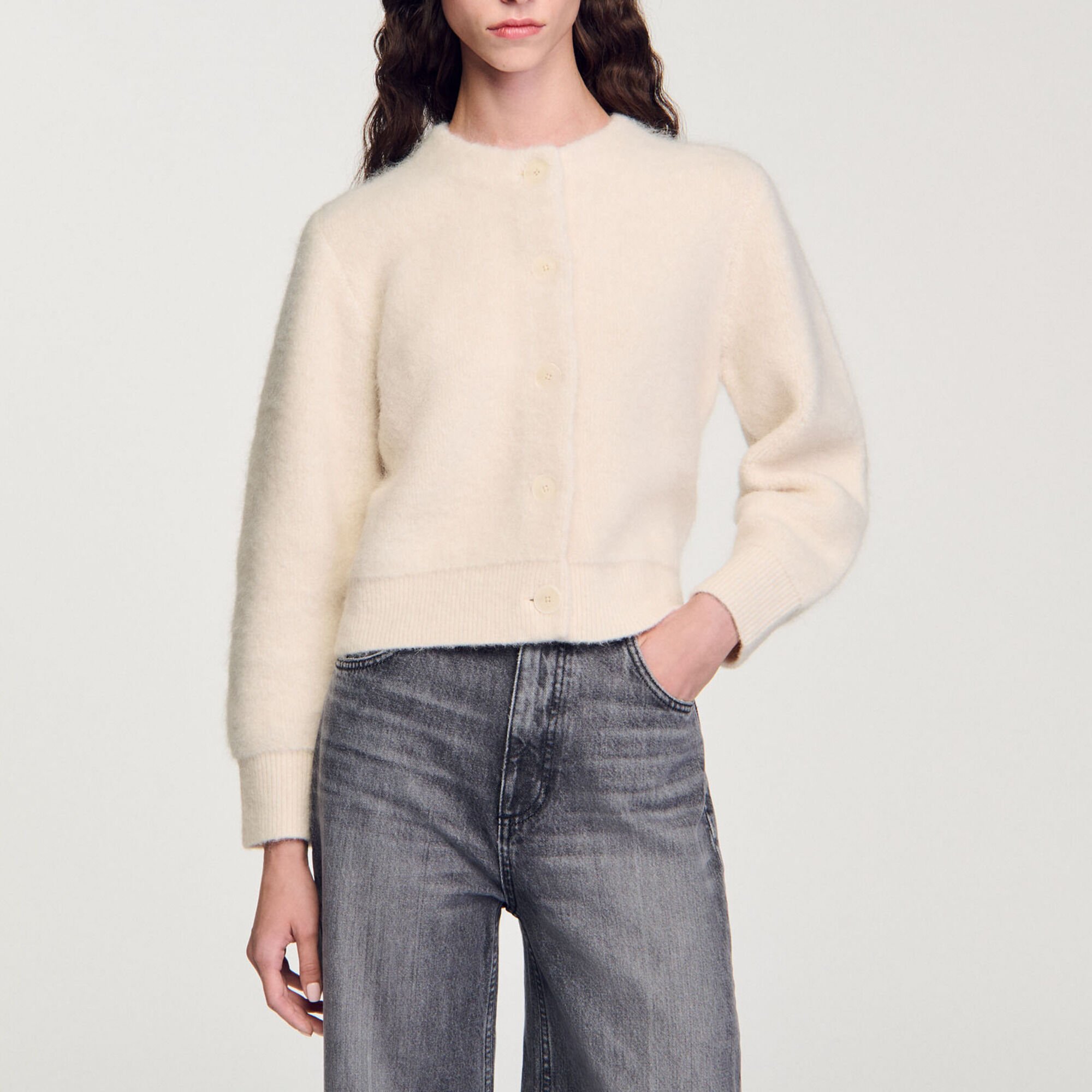 Cropped fluffy knit cardigan