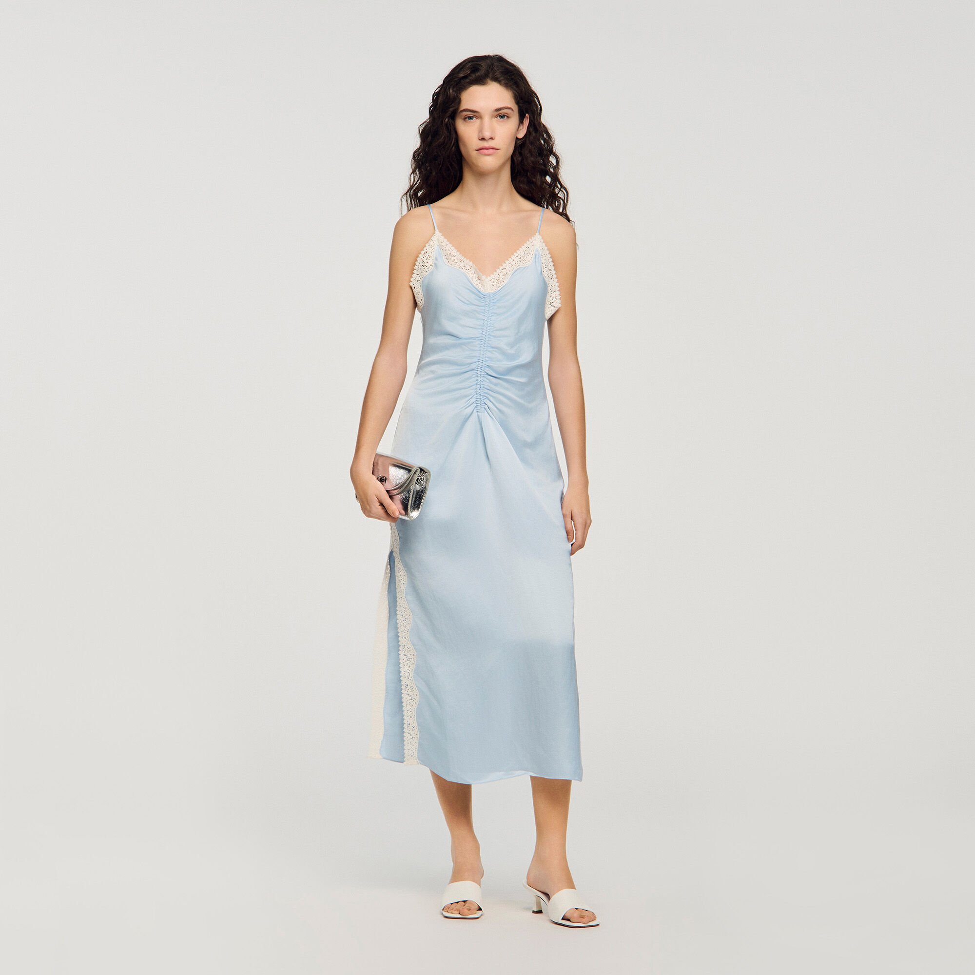 Satin-effect maxi dress with straps