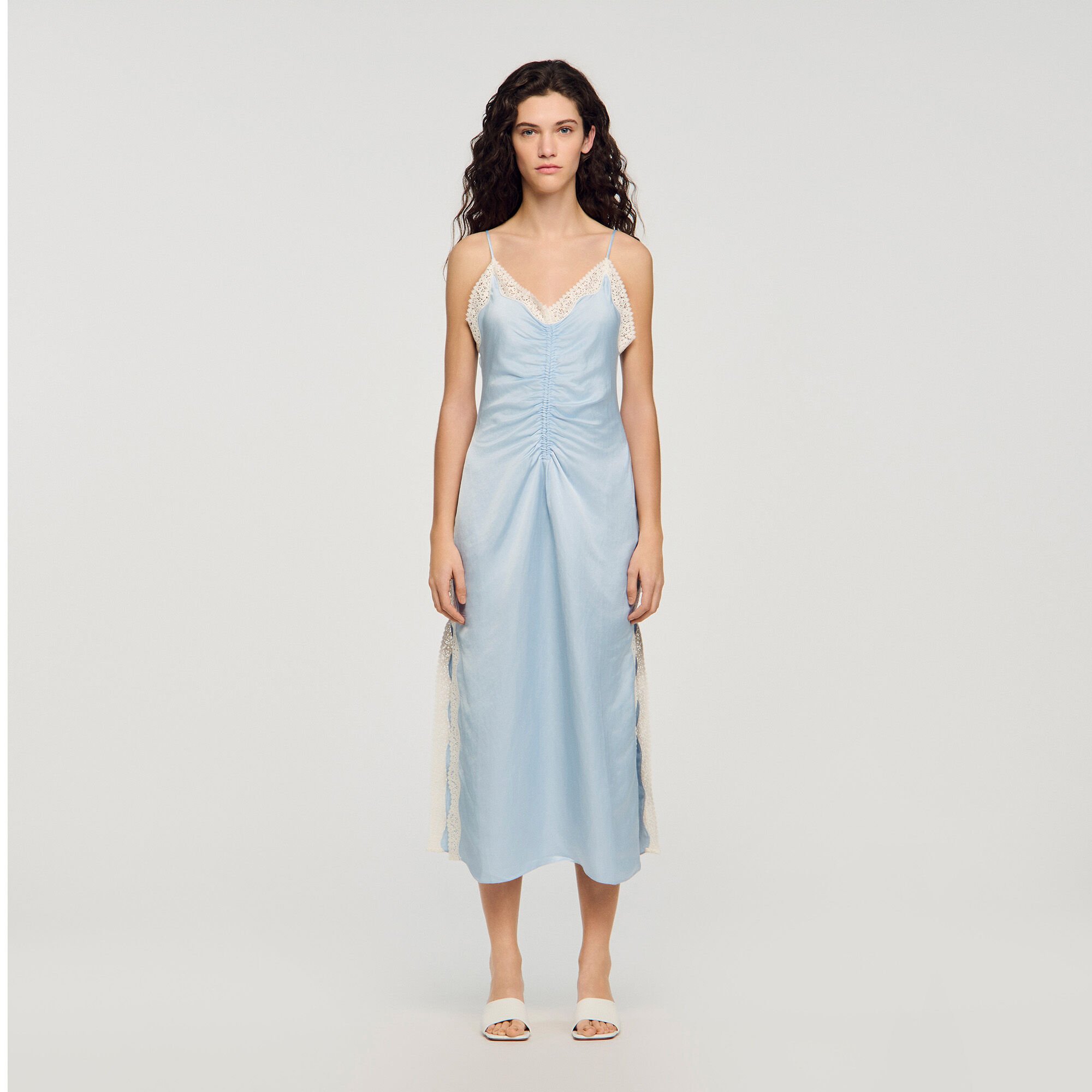 Satin-effect maxi dress with straps