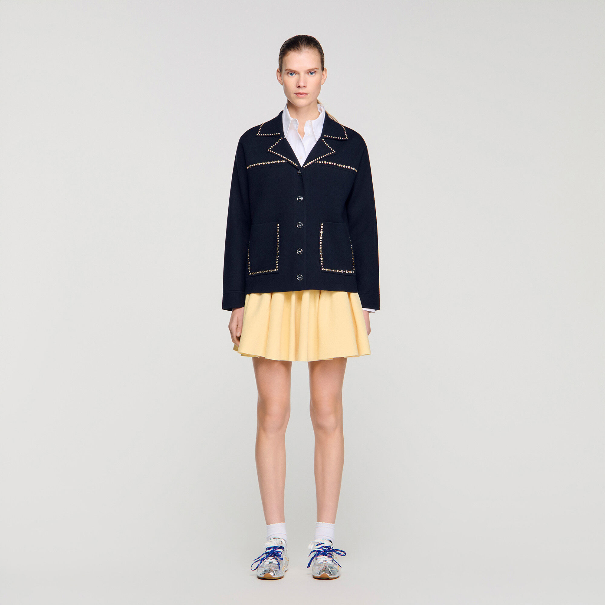 Studded blazer collar cardigan