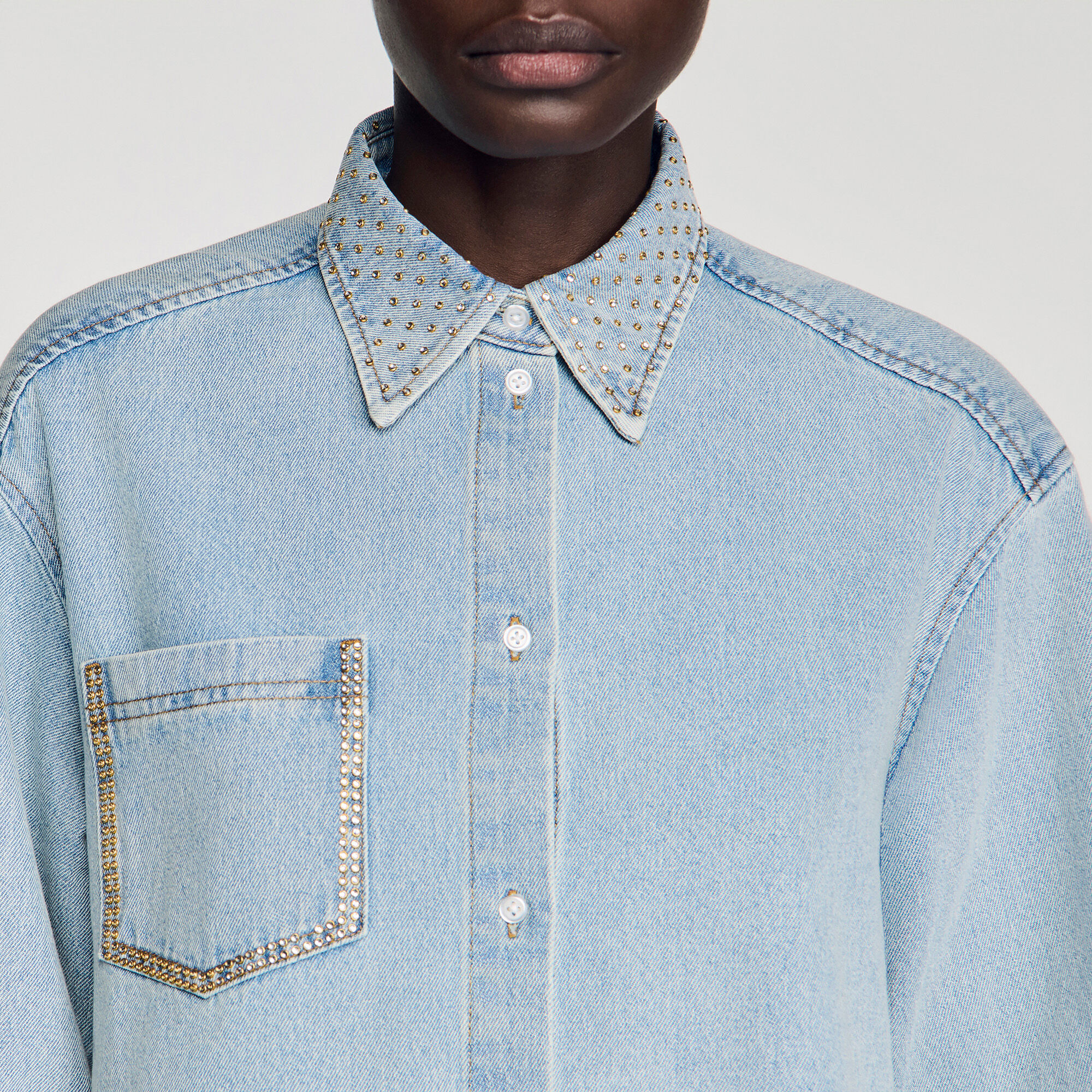 Rhinestone cropped denim shirt