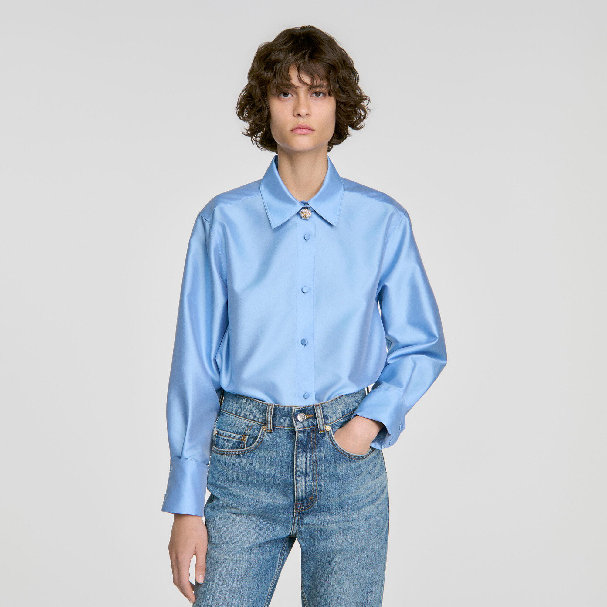 Jewellery detail satin shirt