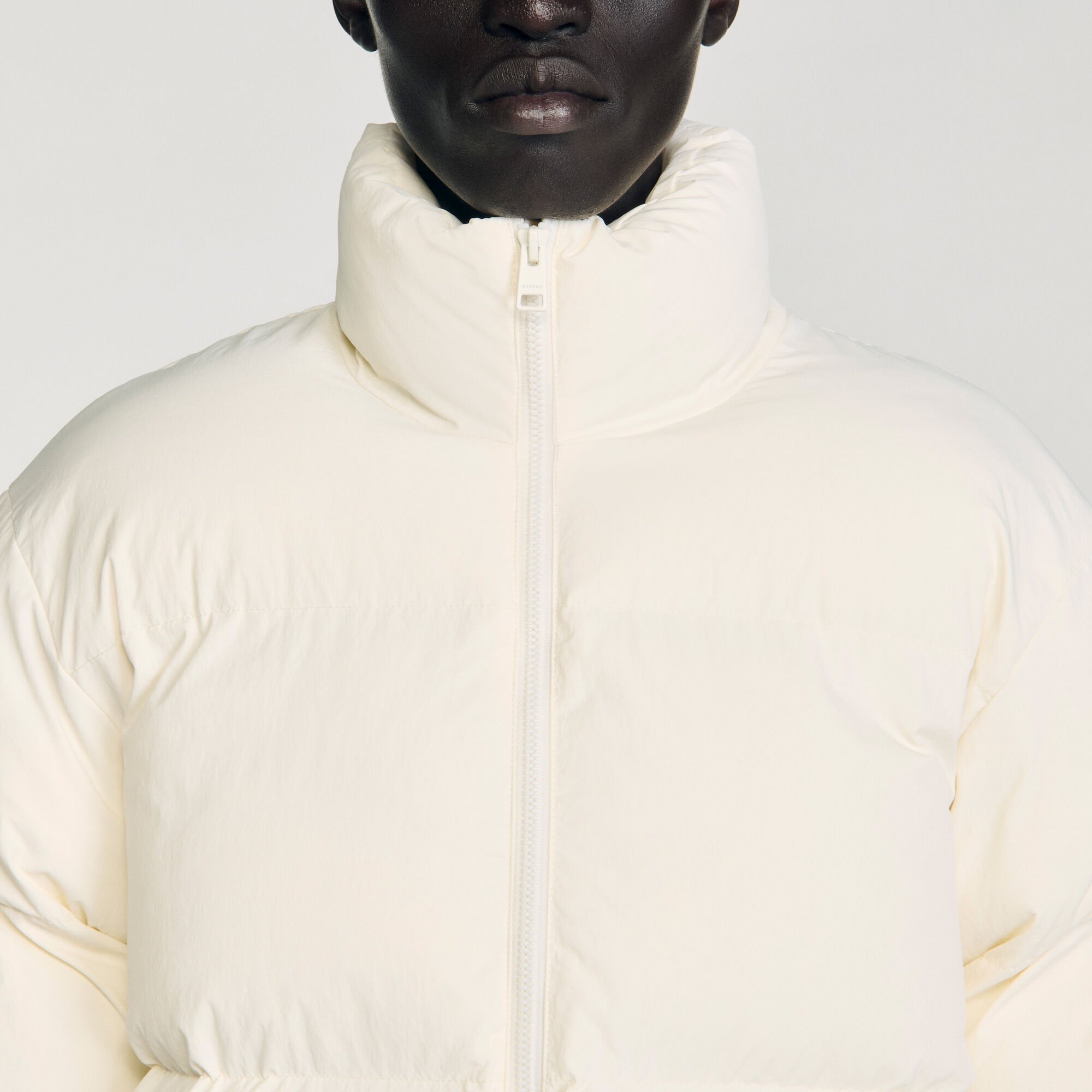 Hooded puffer with high collar