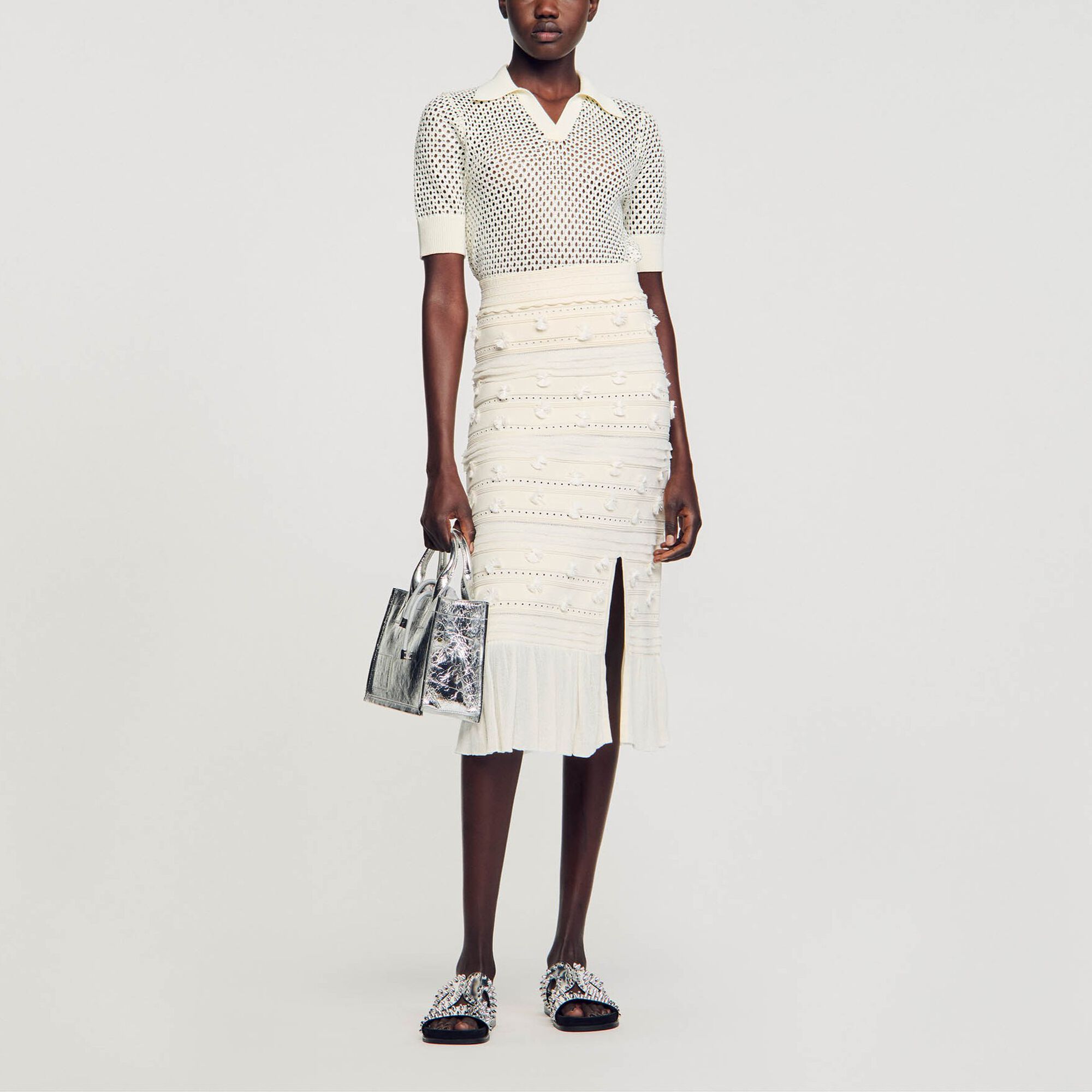 Openwork knit midi skirt