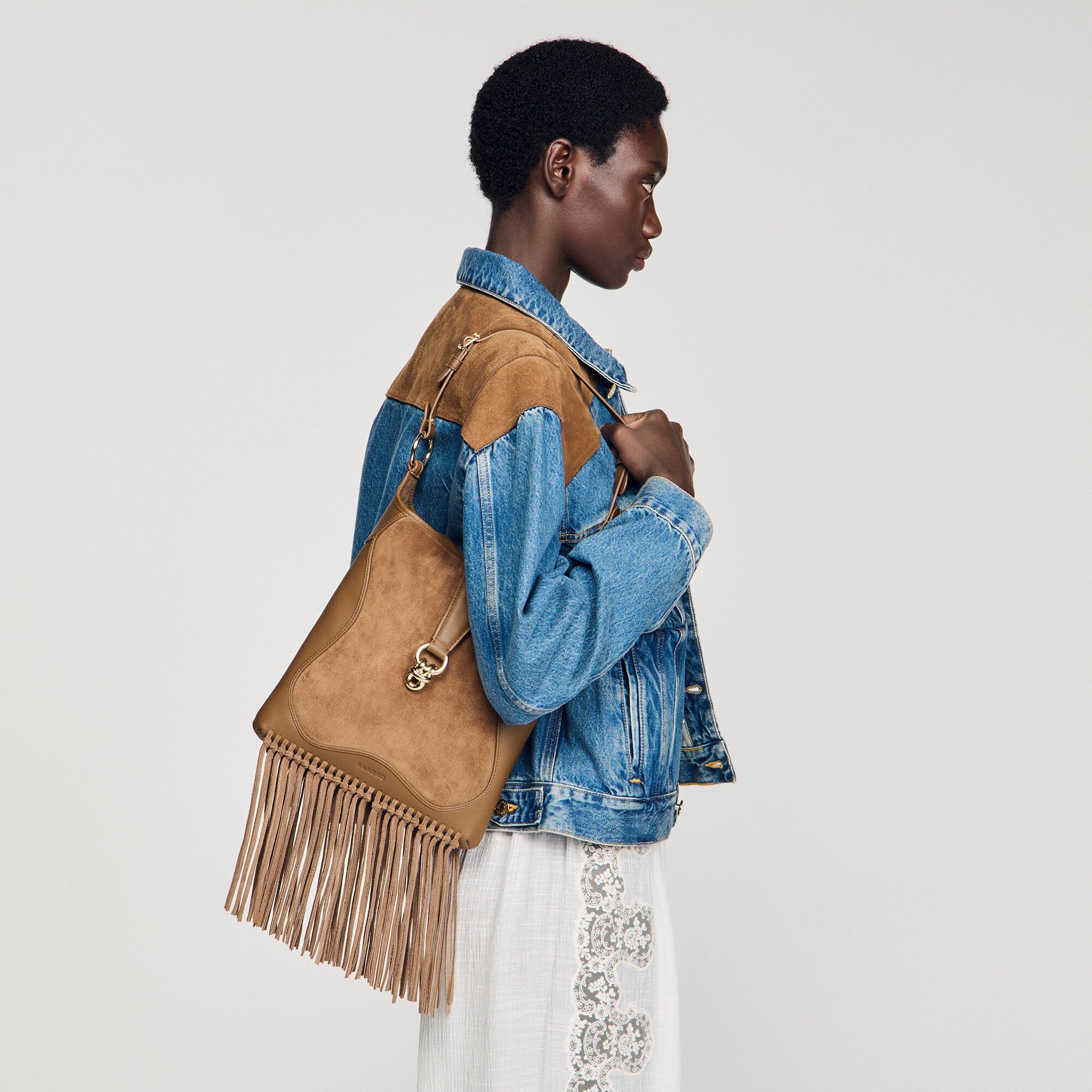 Leather and suede fringe bag