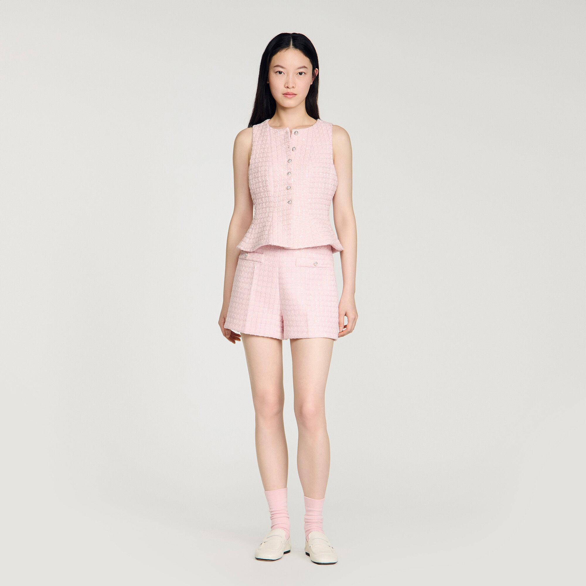 Sequin check tweed shorts