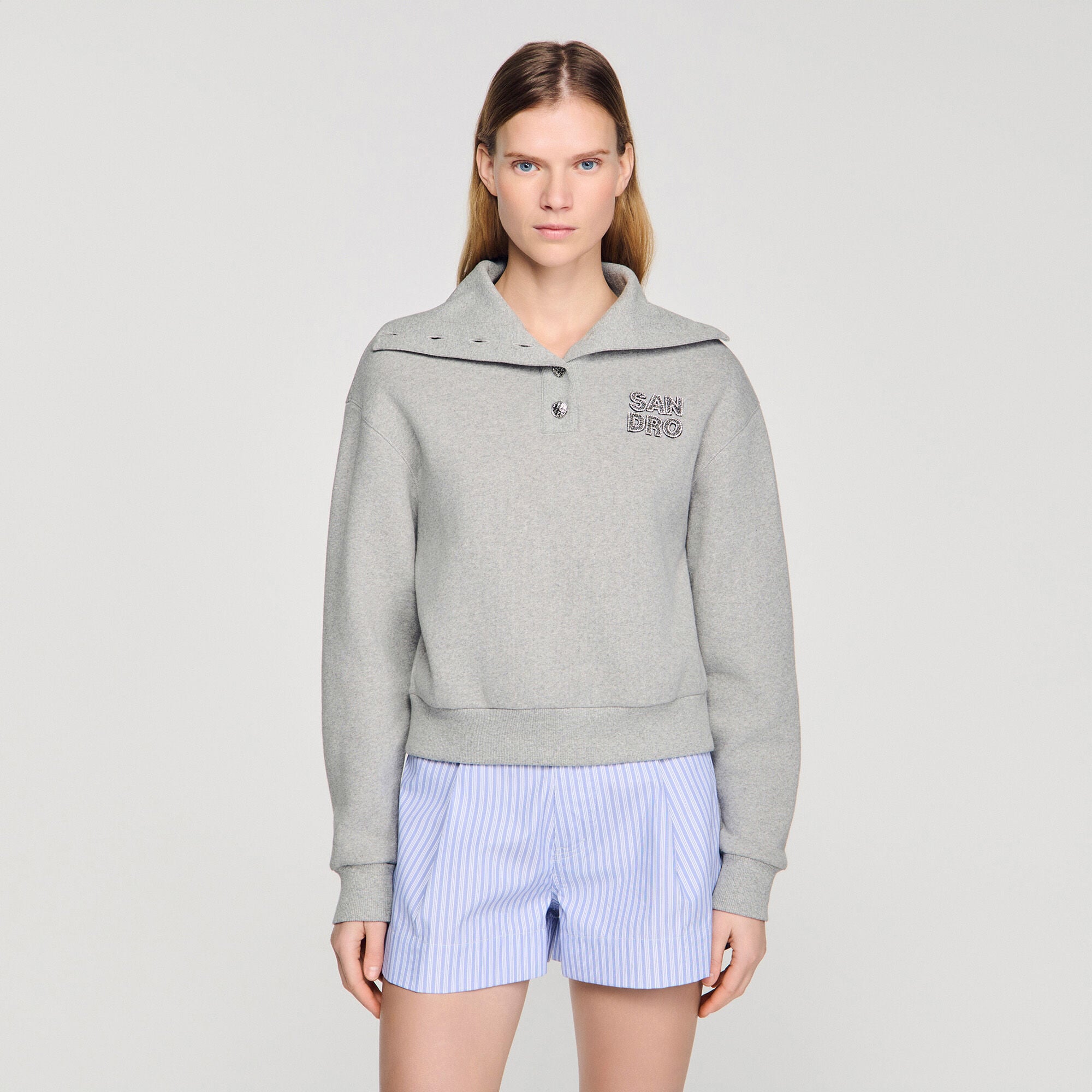 Embroidered split neck sweatshirt