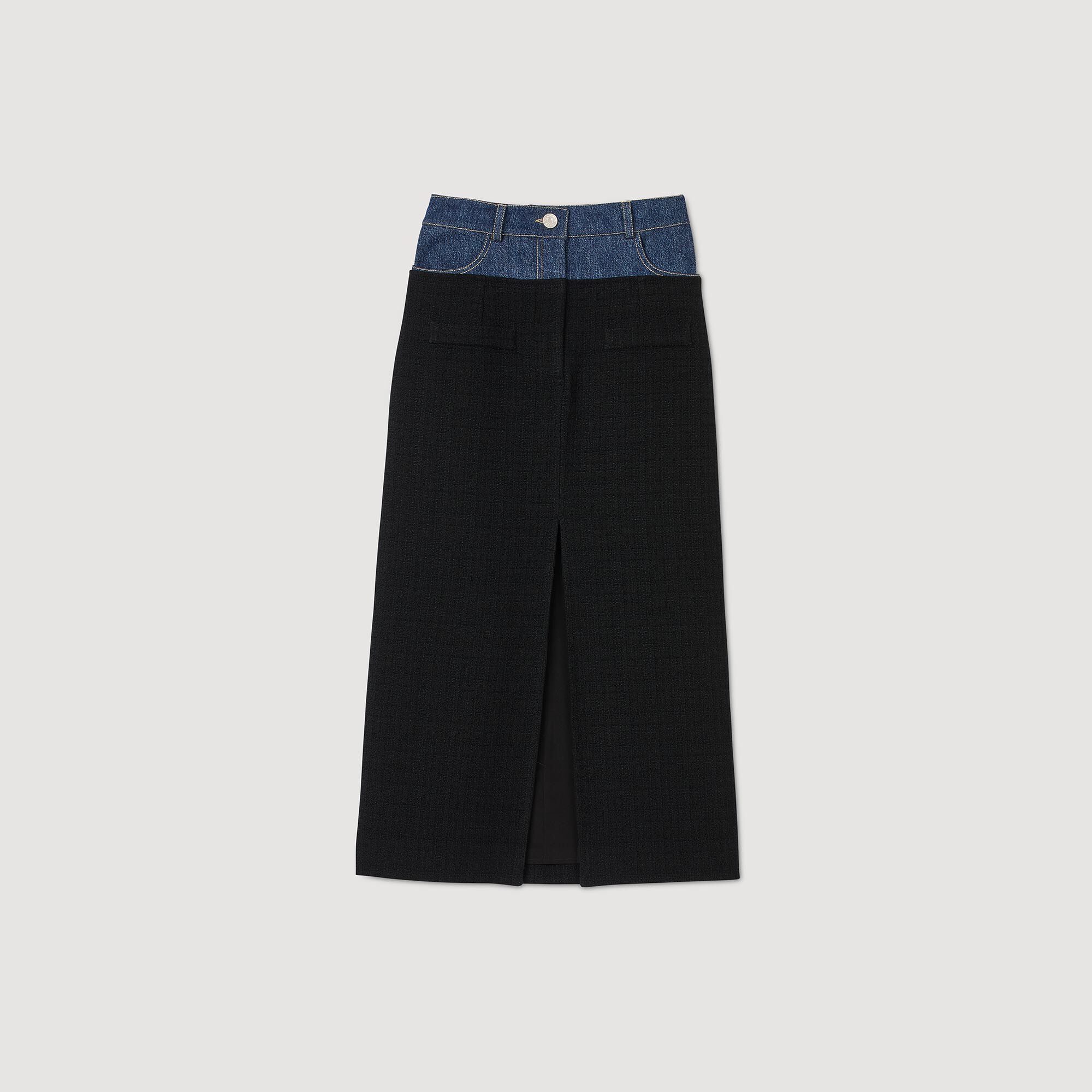 Dual-material denim and tweed skirt