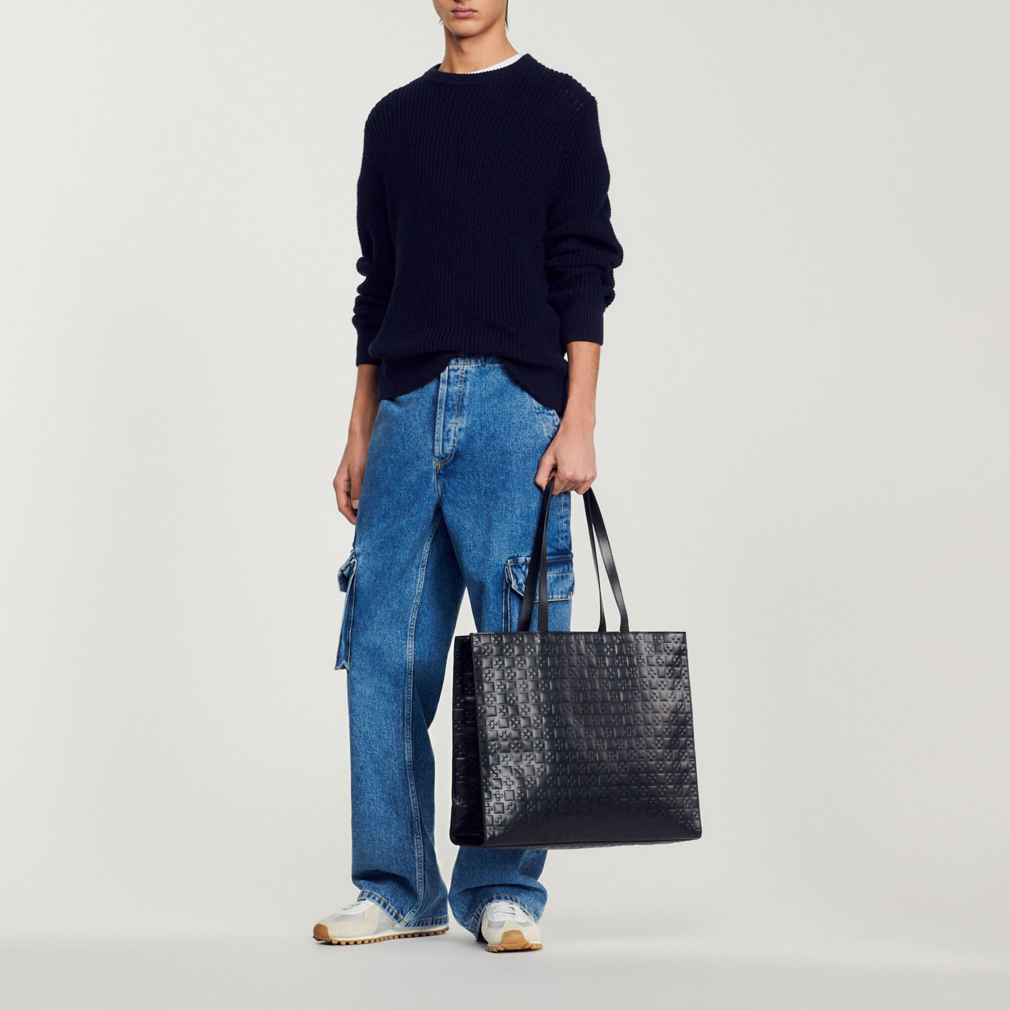 Large tote in monogram-embossed leather