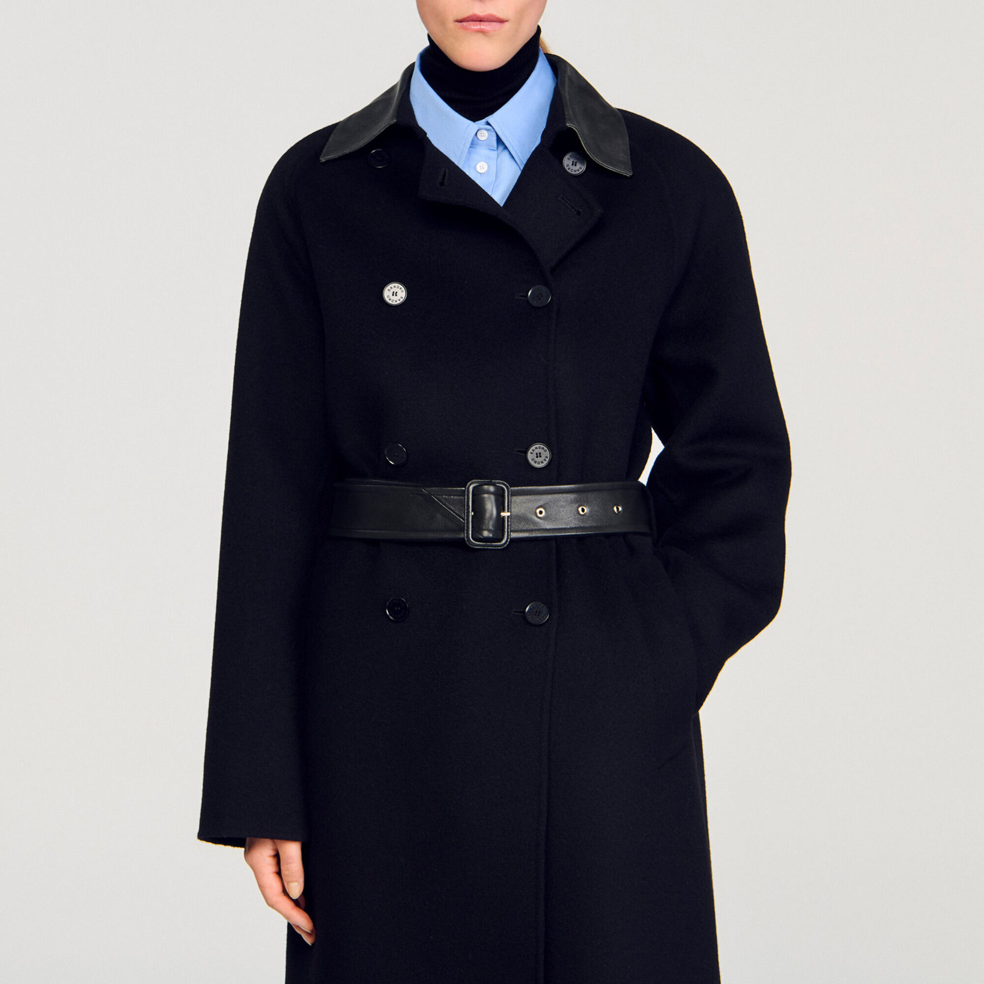 Long wool and leather coat - Women | Sandro