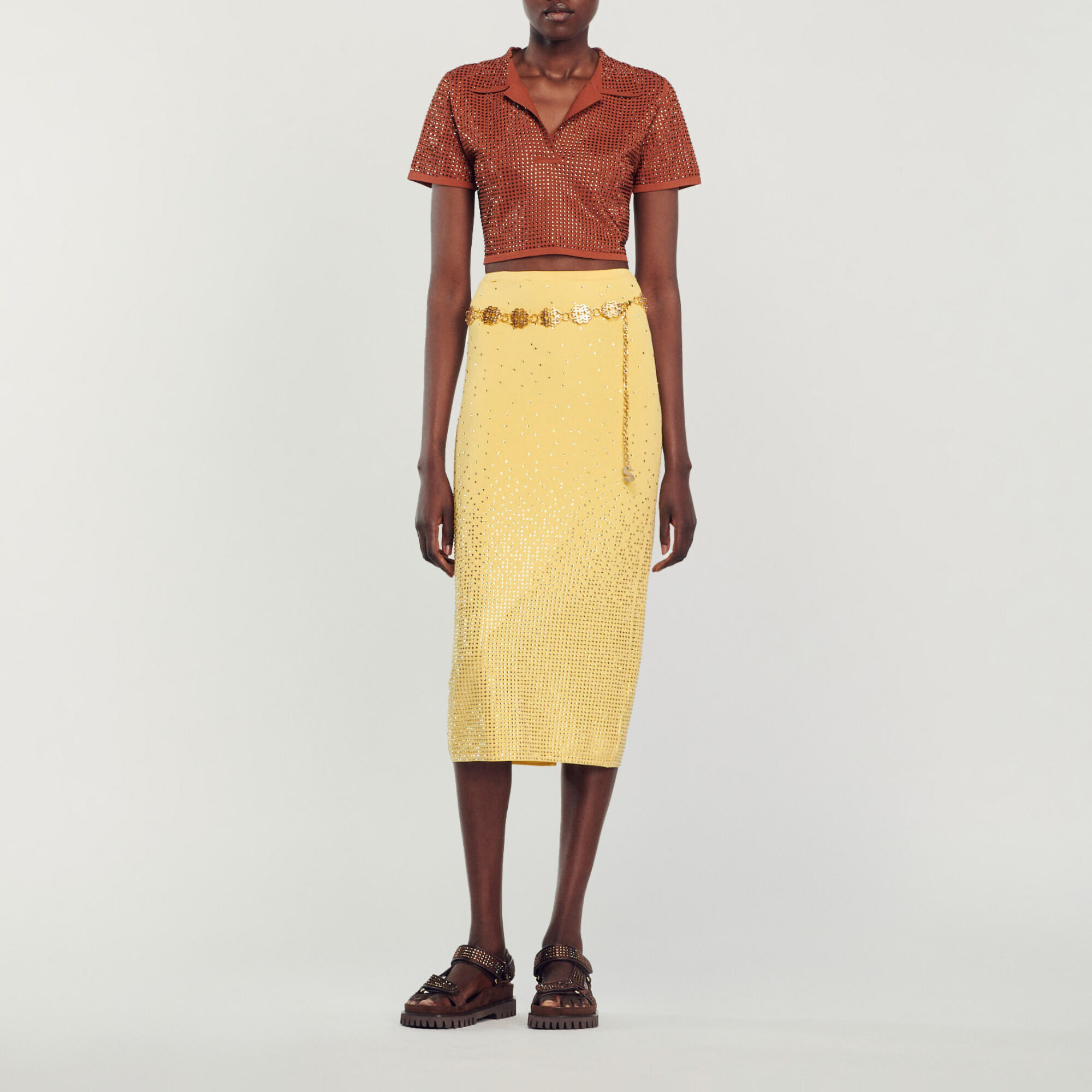 Rhinestone-embellished midi skirt