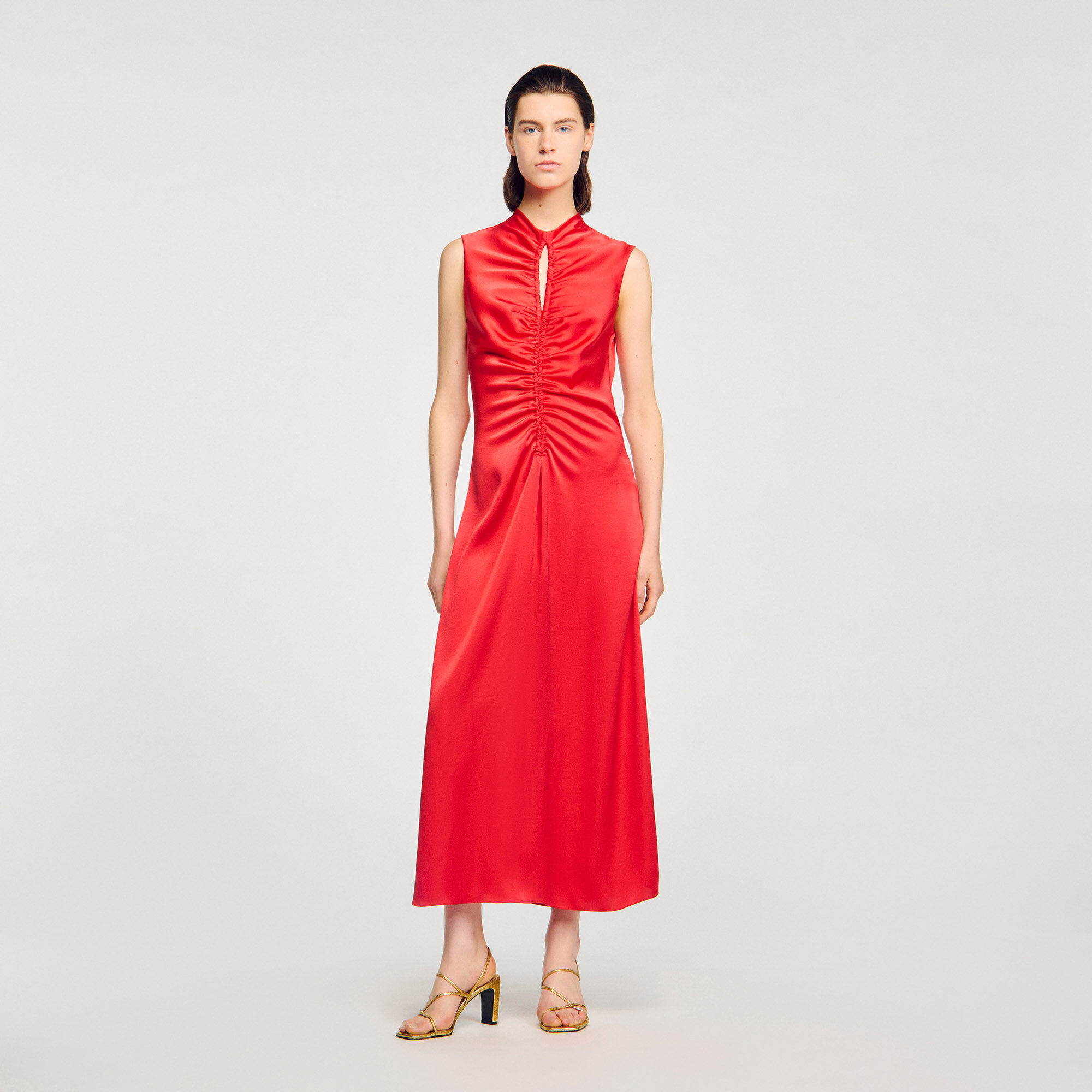 sandro red dress Draped satin-effect For Women The dress is lightweight and non Sandro Red Textured Stretch Knit