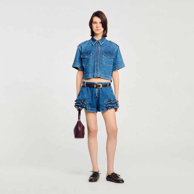 Ruffled denim shorts