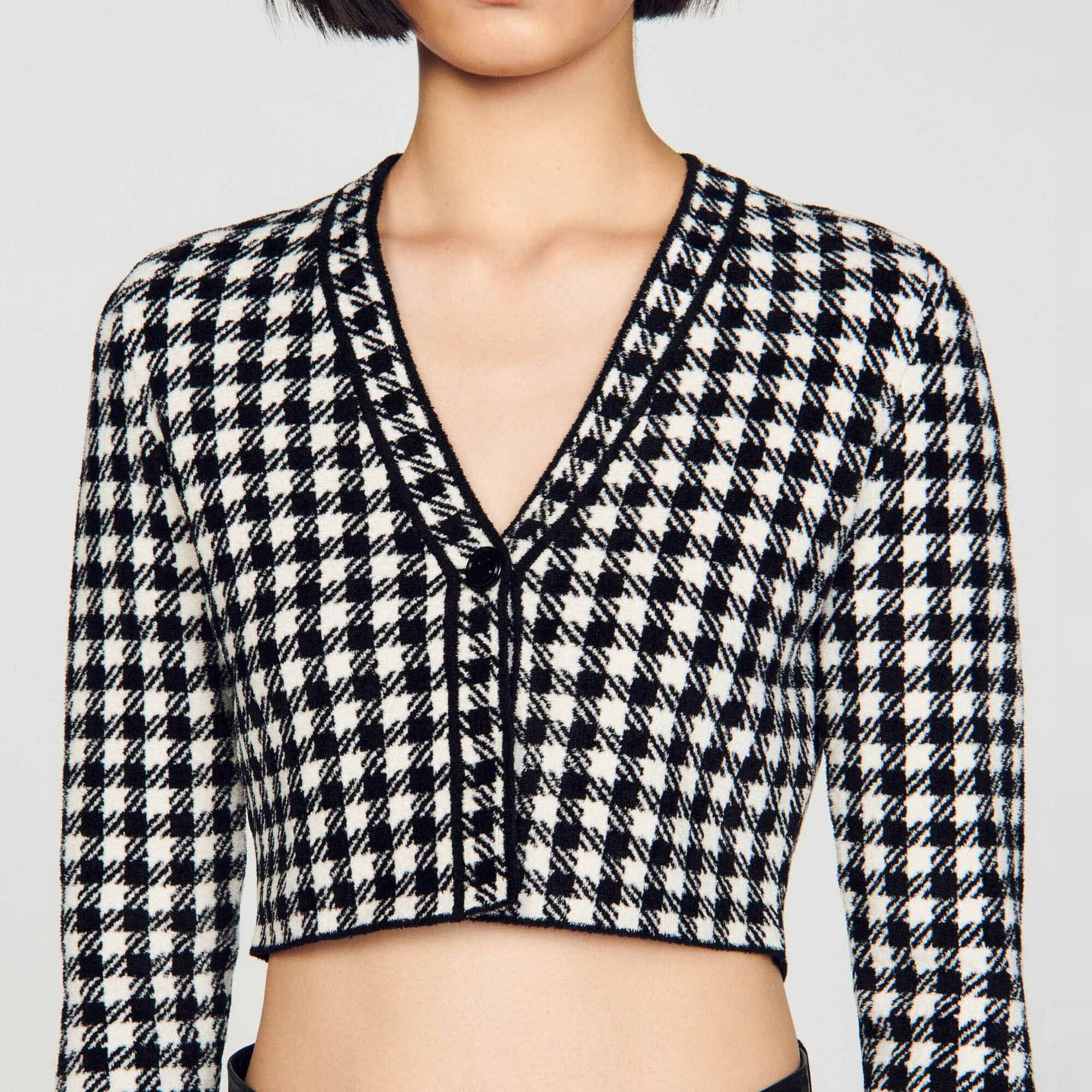 Cropped gingham knit cardigan