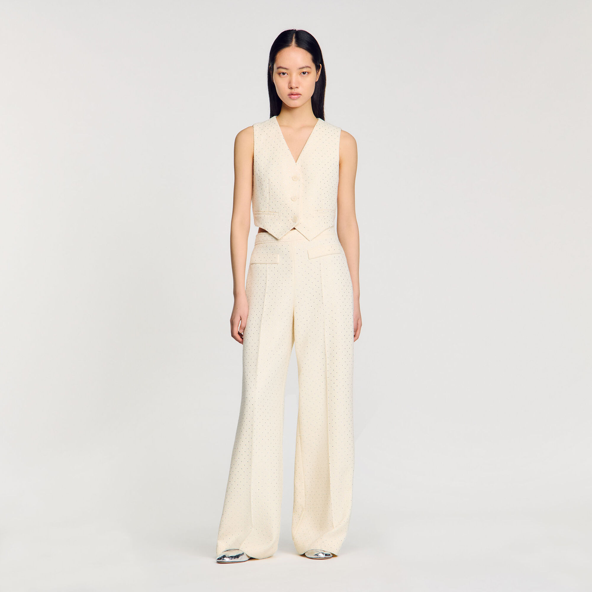 Tweed rhinestone-covered trousers