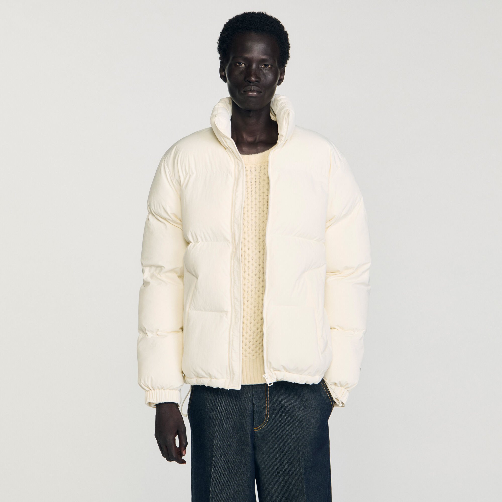 Hooded puffer with high collar