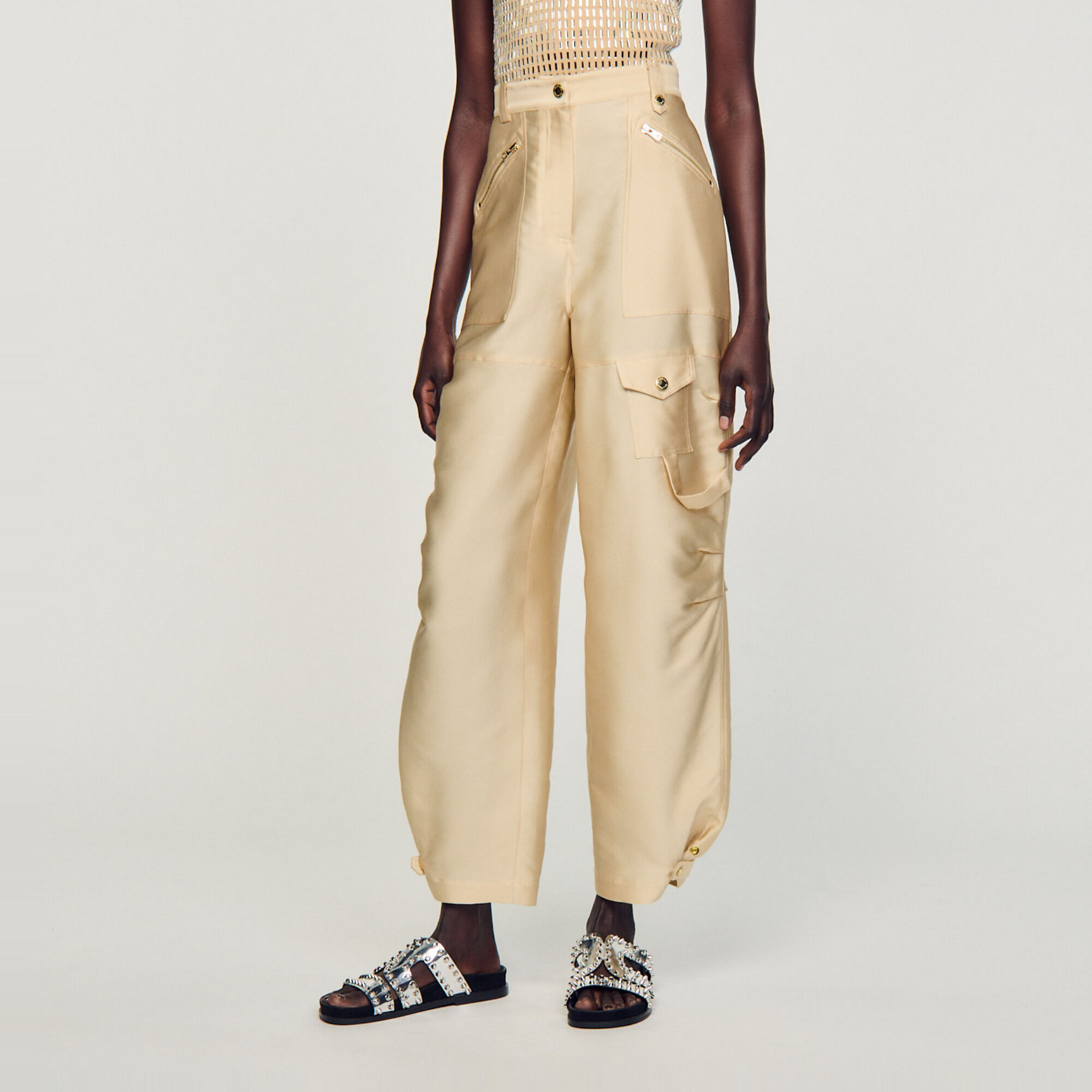 Satin-effect cargo trousers