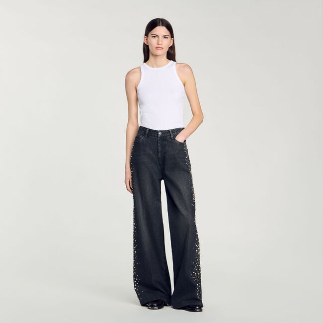 Wide-leg rhinestone jeans