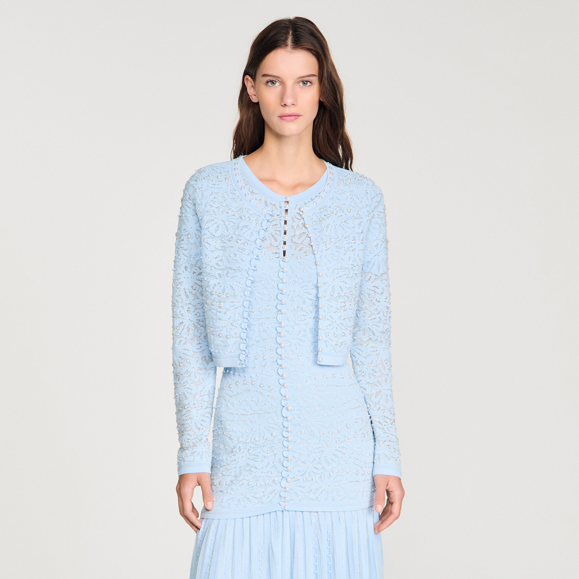 Cropped pearled cardigan