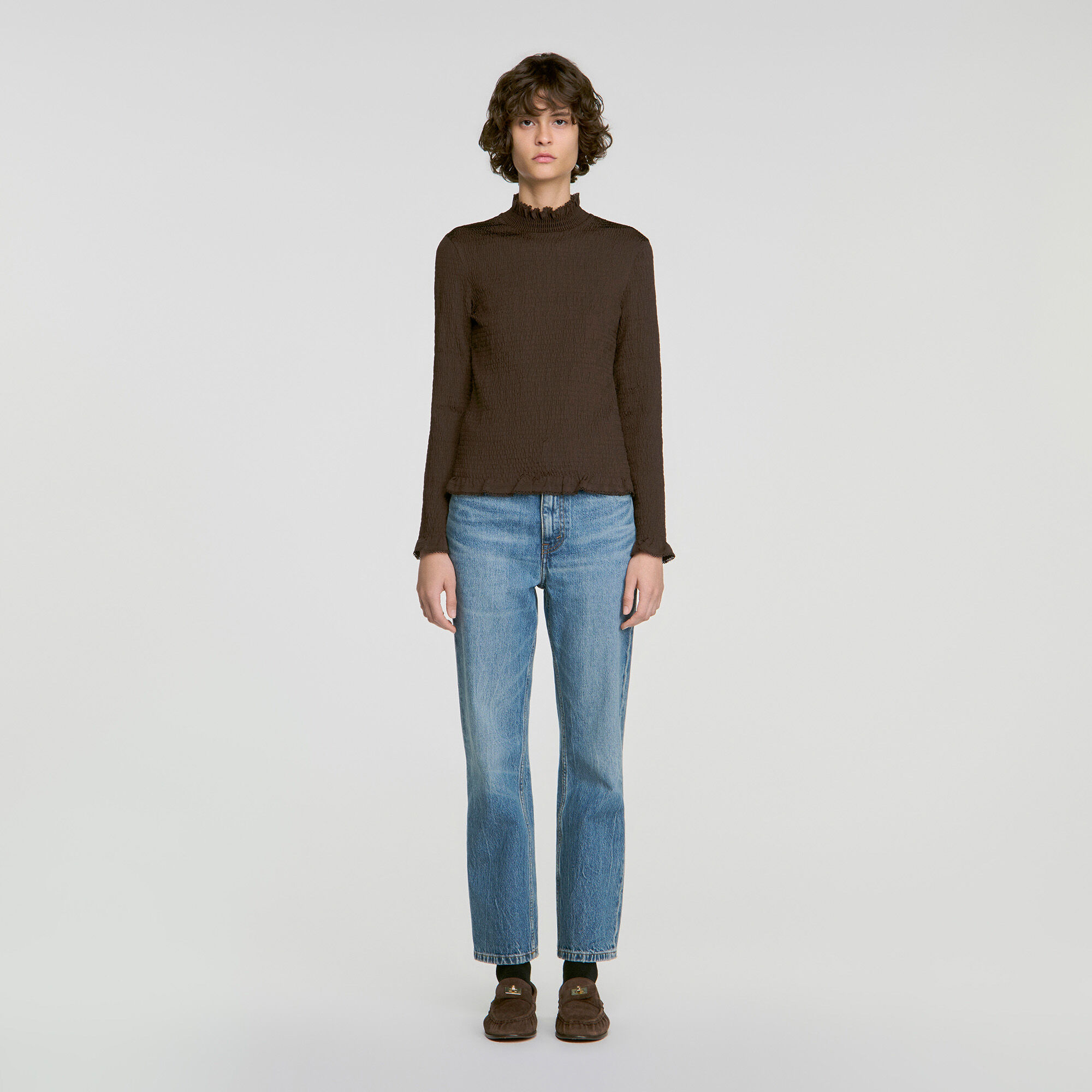 Smocked T-shirt with ruffle collar - Women | Sandro