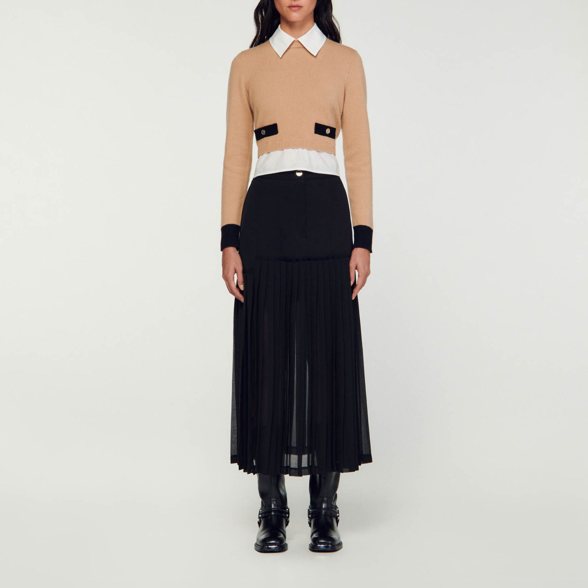 Pleated long skirt Black Gray Sandro Paris