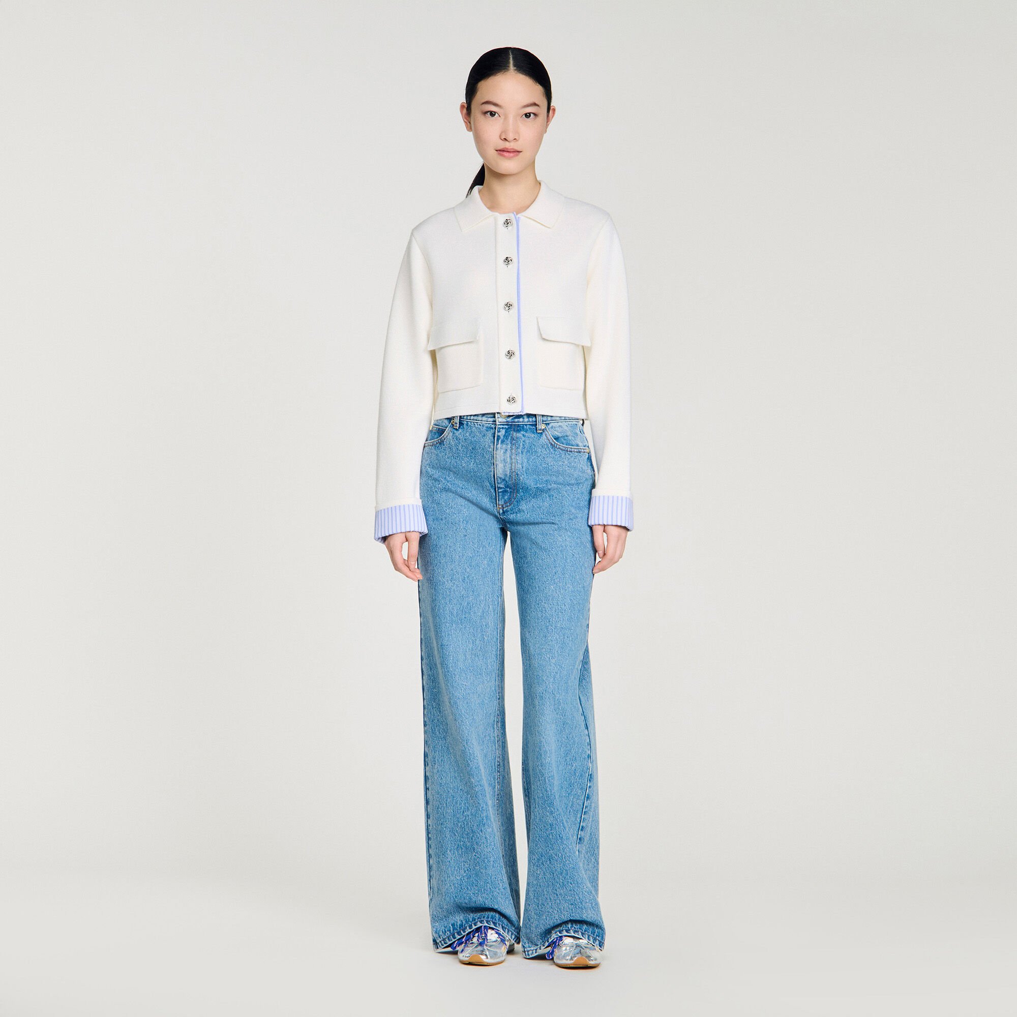 Polo cardigan with poplin details