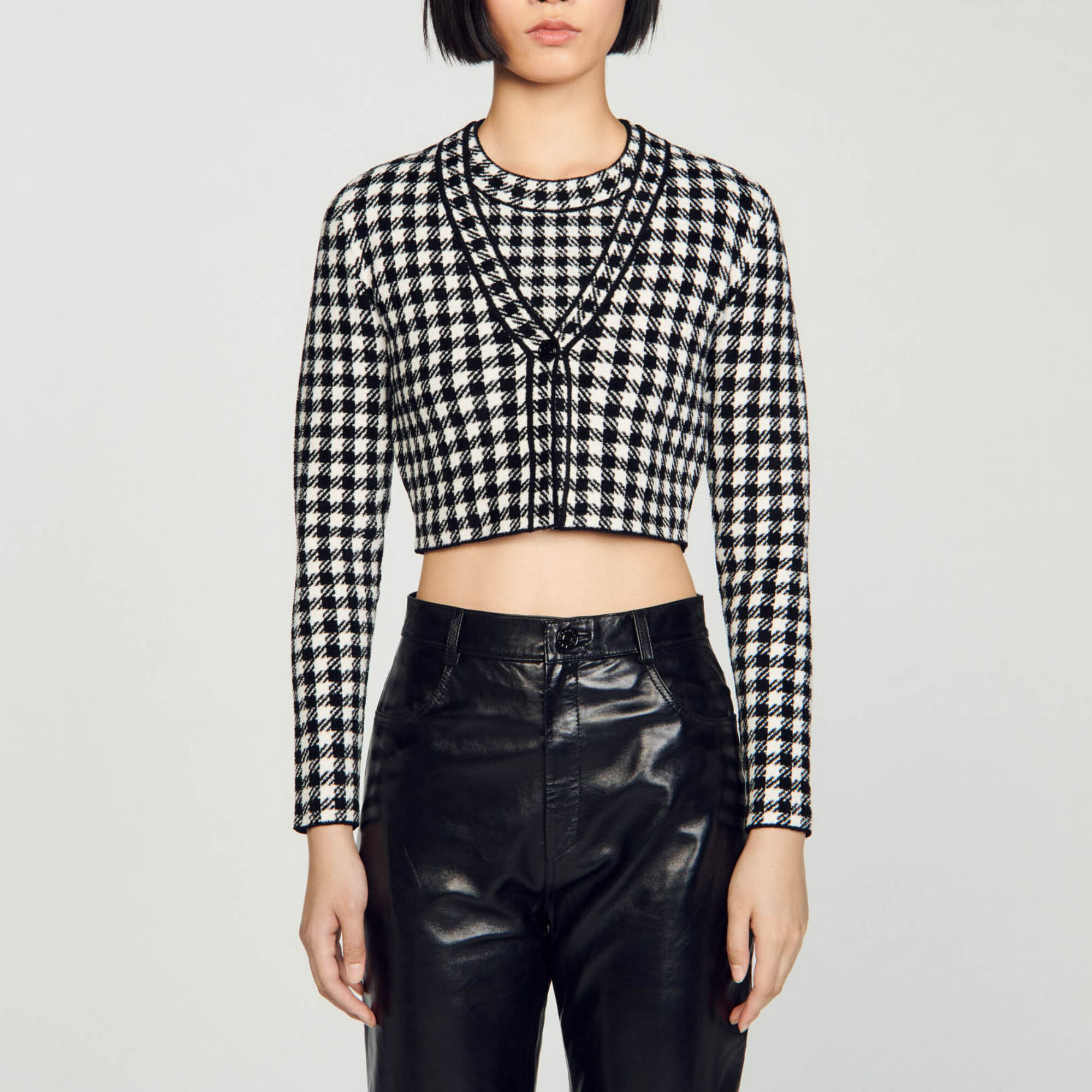 Cropped gingham knit cardigan