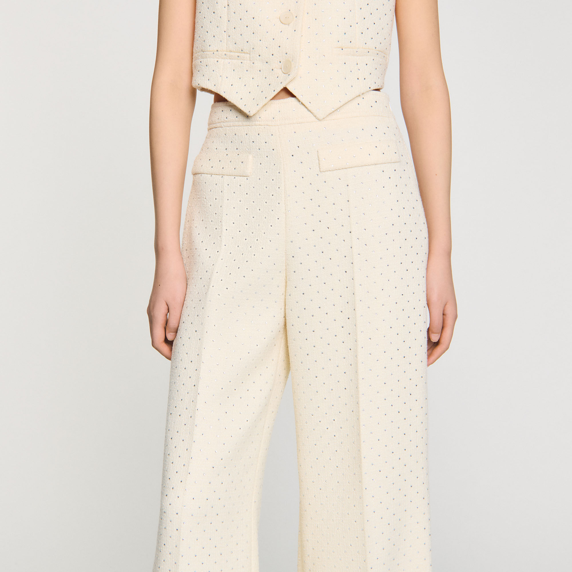 Tweed rhinestone-covered trousers