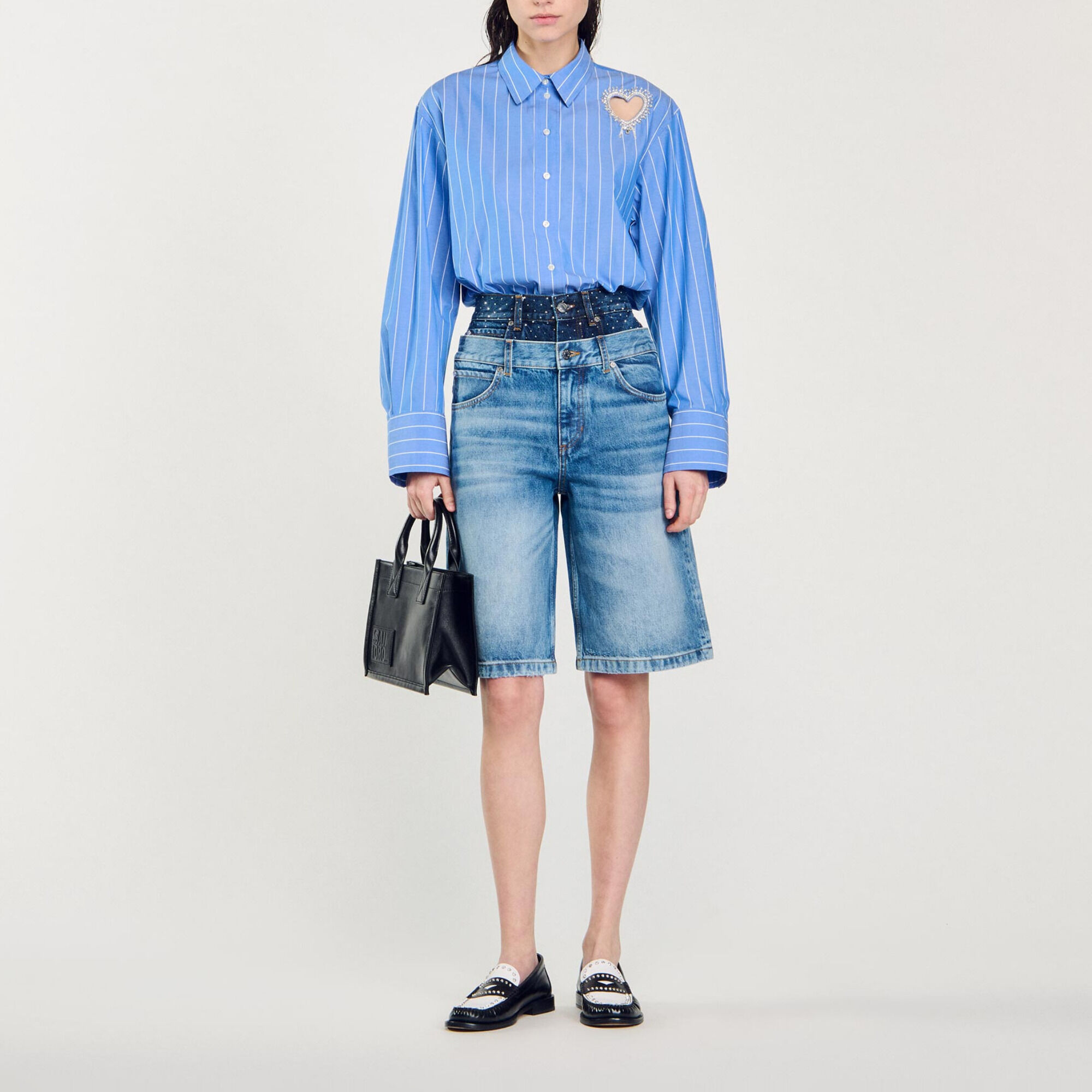 Double-waisted denim Bermuda shorts