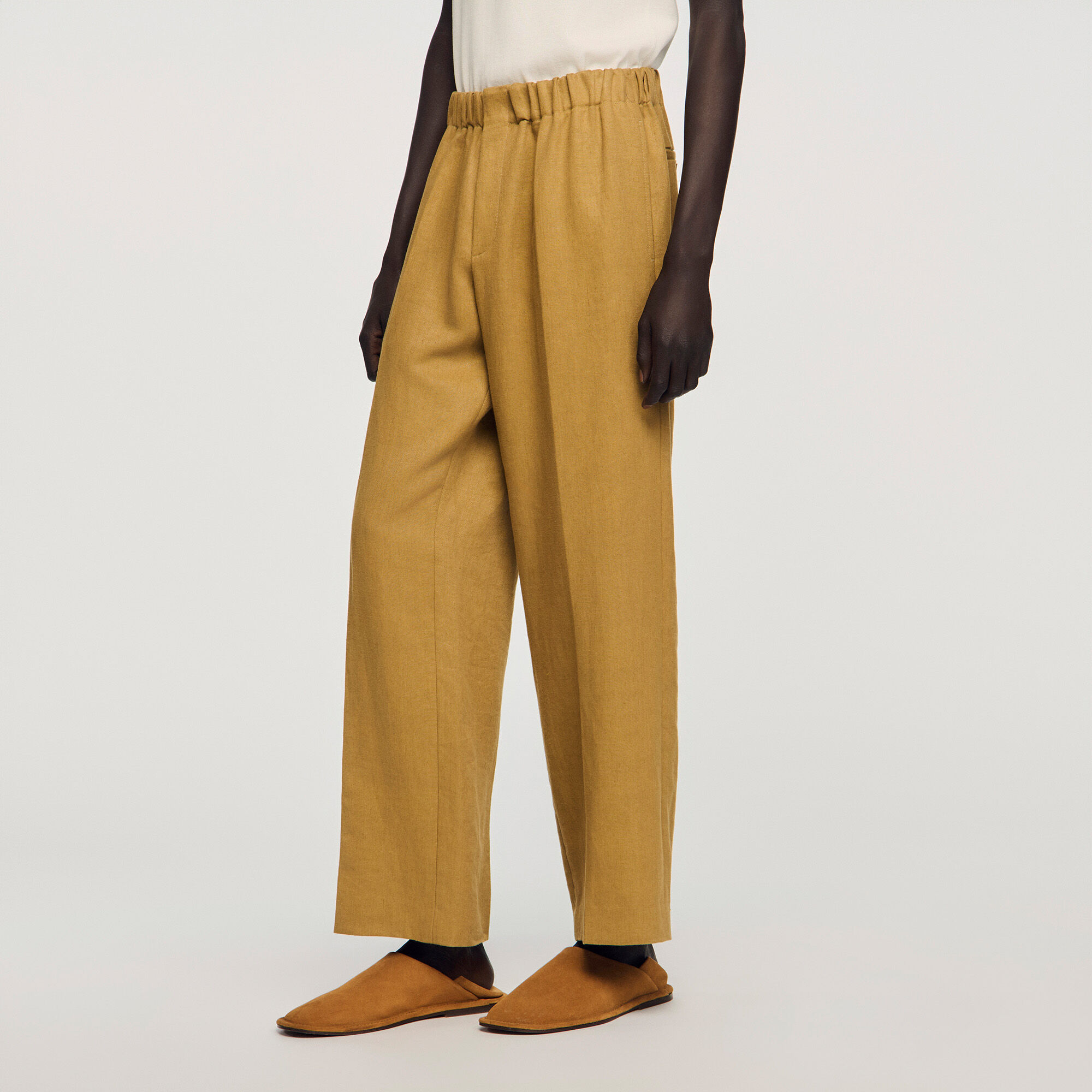Wide-leg elasticated linen trousers