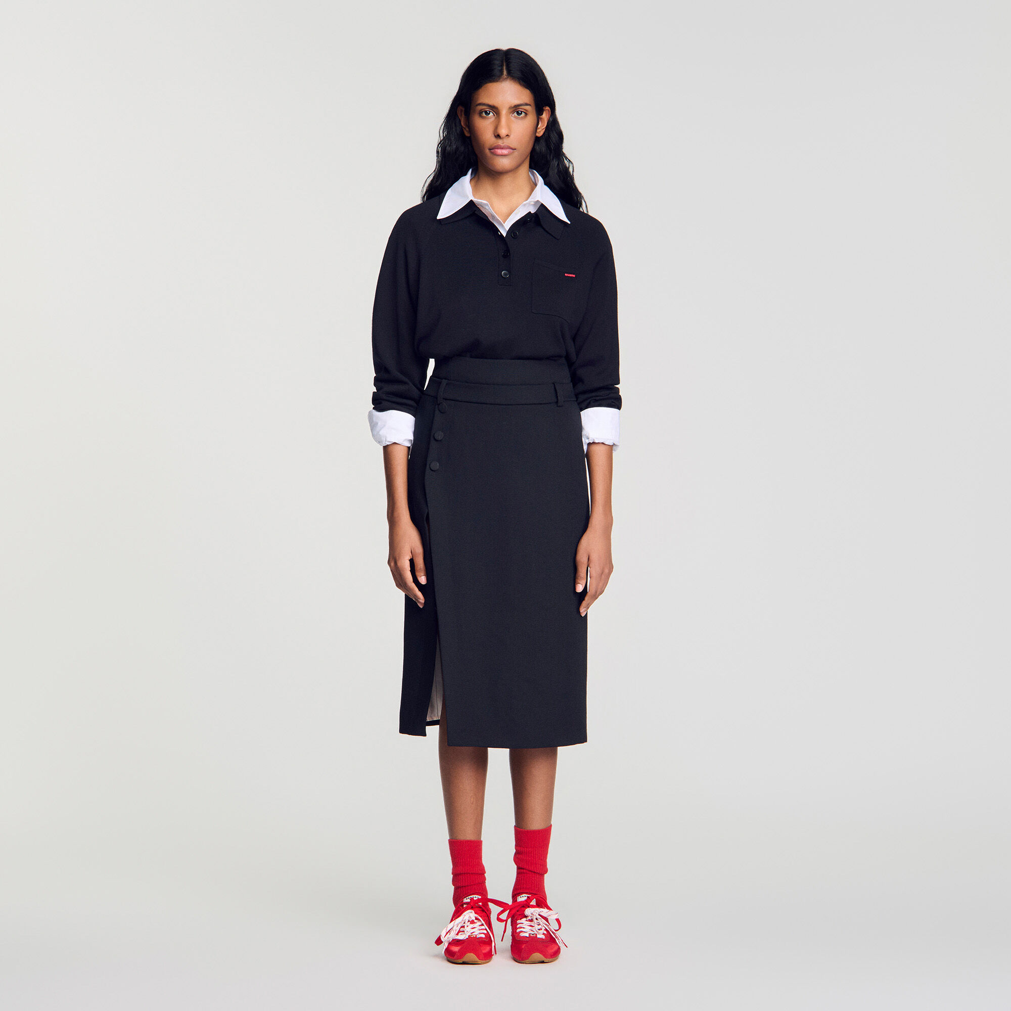 Mid-length slit wool skirt