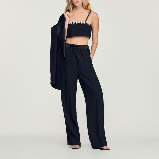 Wide trousers with satin side stripes