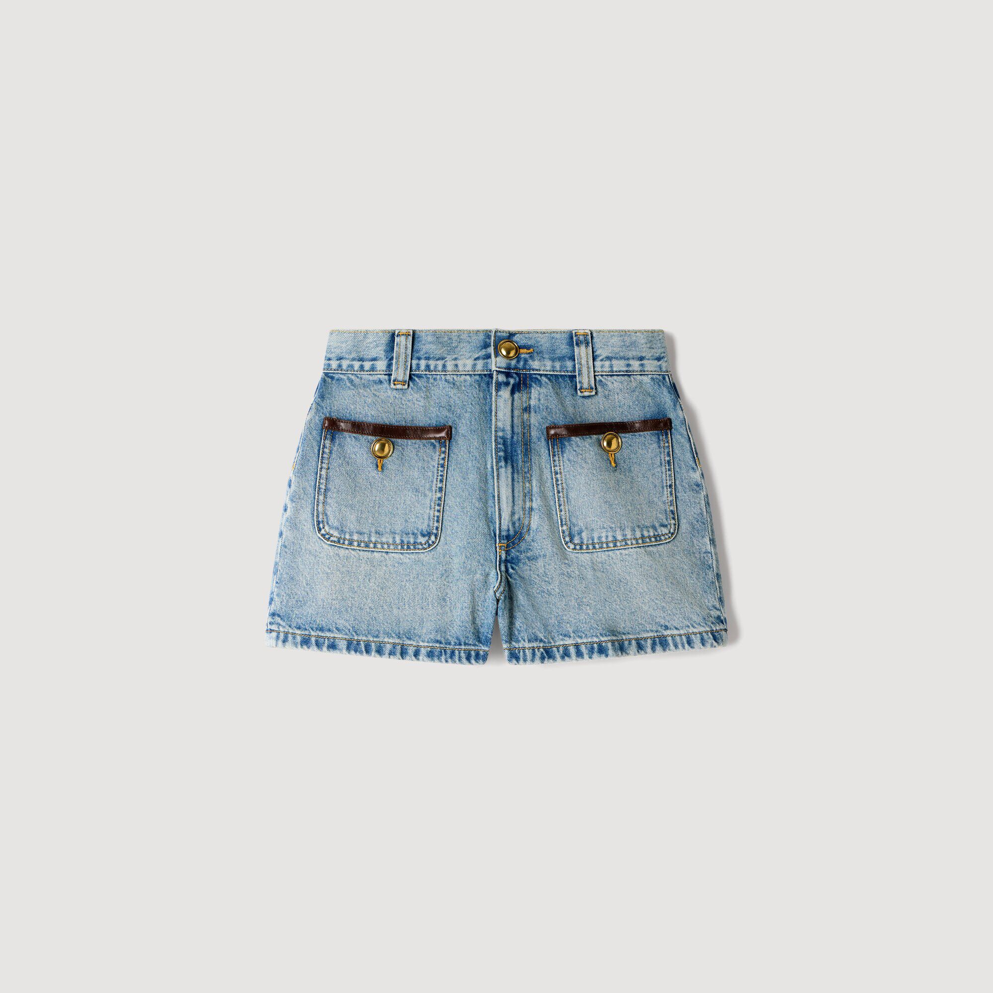 Denim shorts with leather detail
