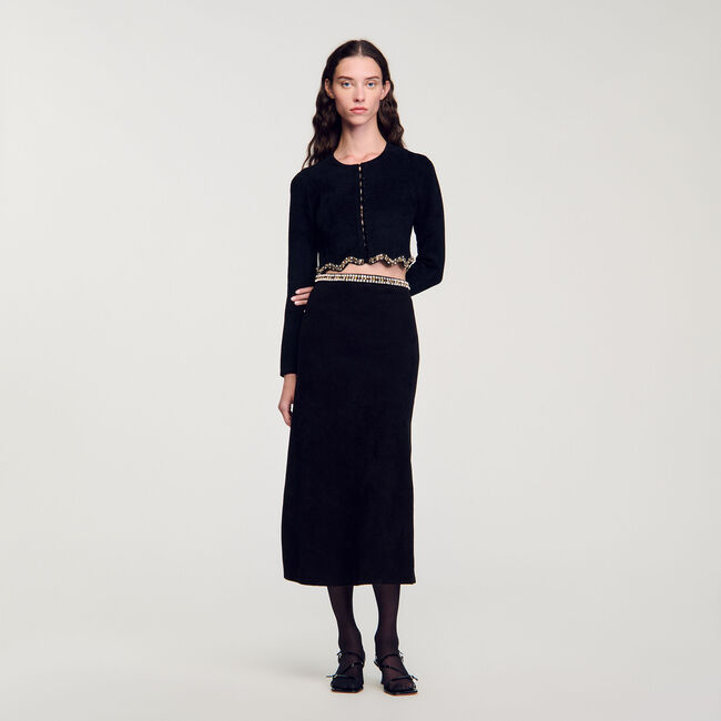 Short rhinestone velvet knit cardie