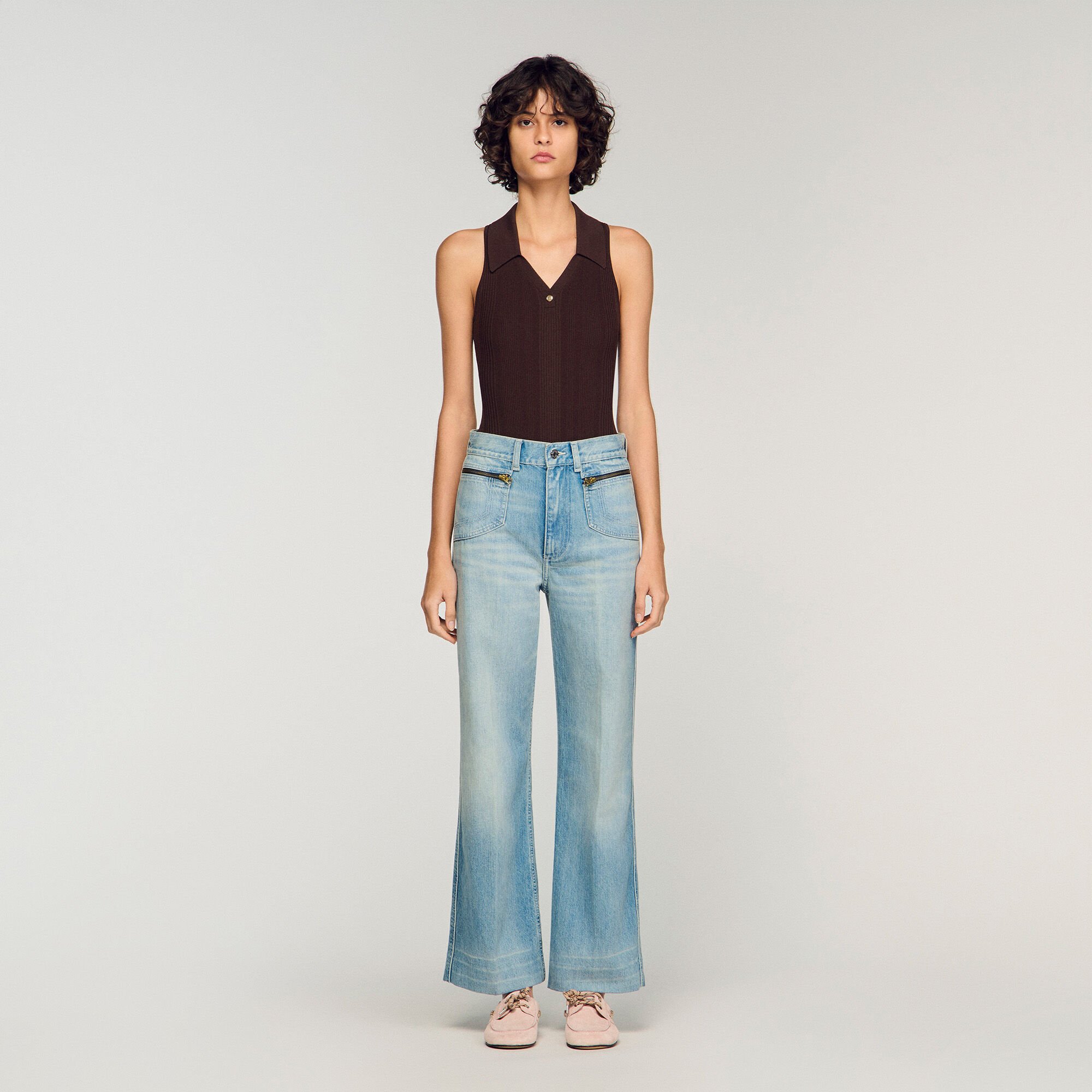 Faded straight zipped cotton jeans