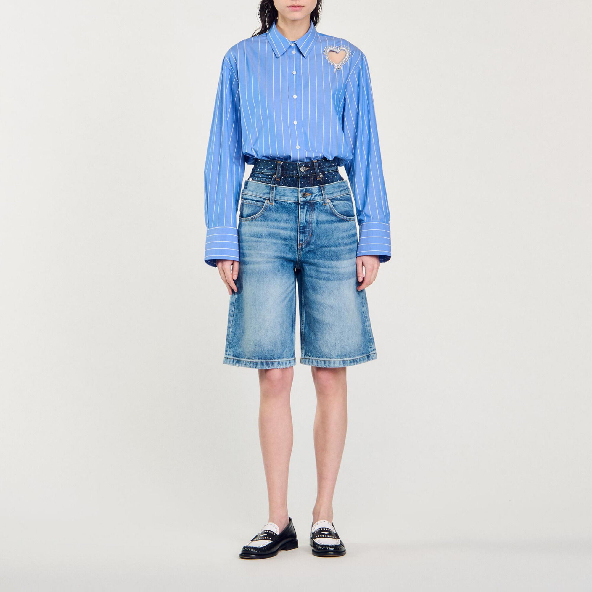 Double-waisted denim Bermuda shorts