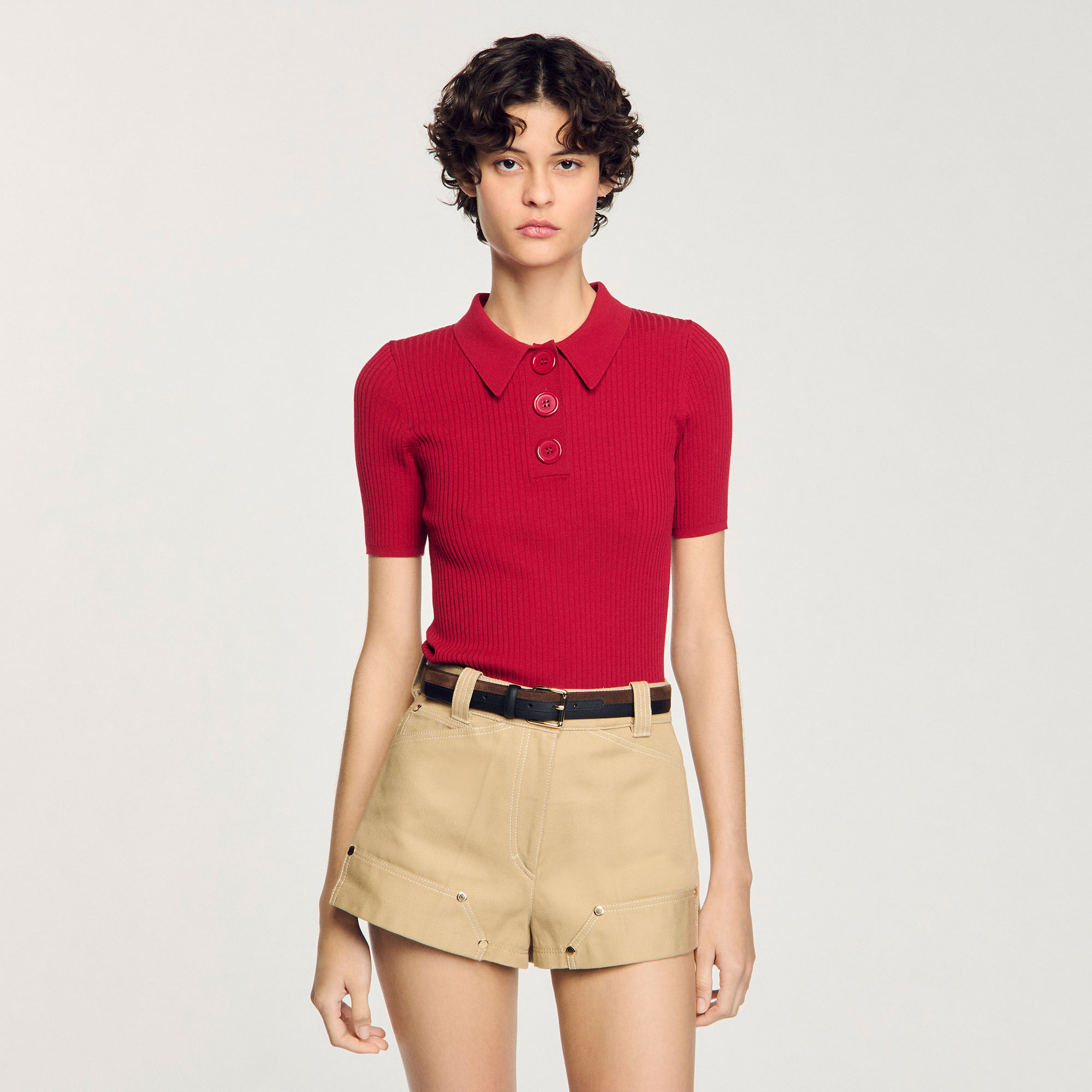 Rib knit polo shirt