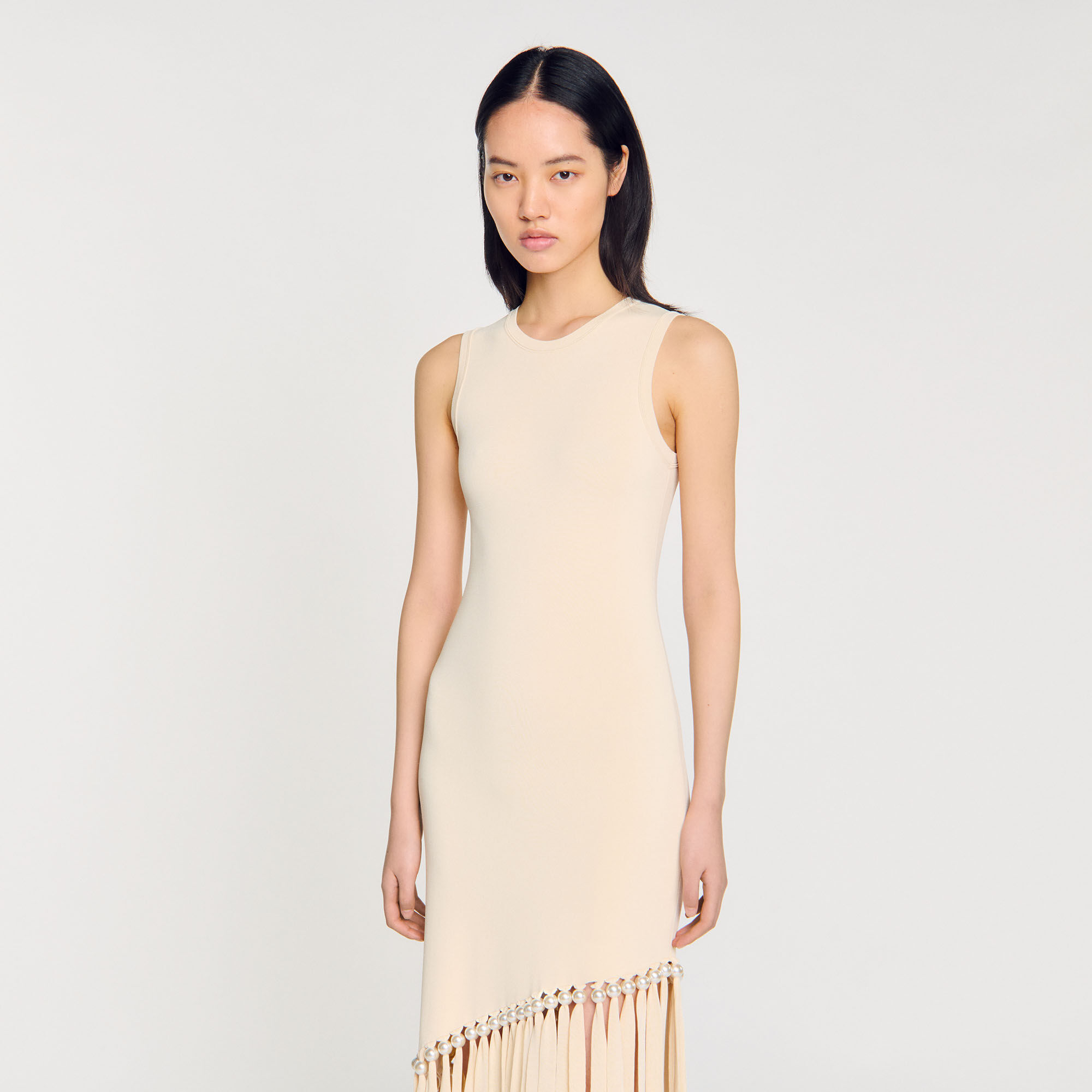 Fringed and beaded knit midi dress