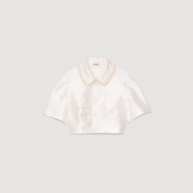 Beaded satin-effect cropped shirt