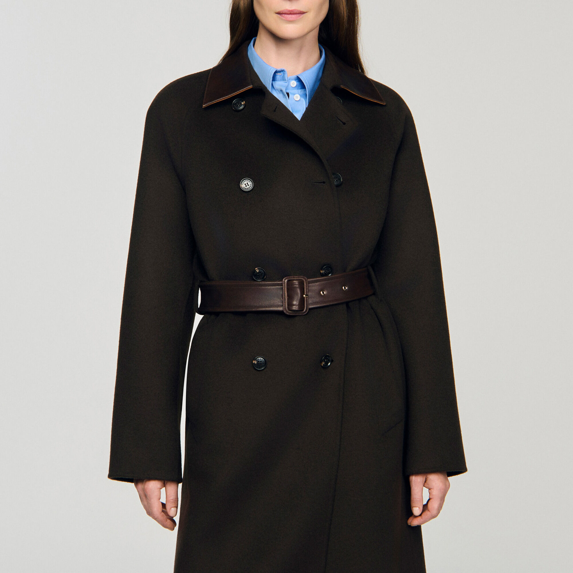 Long wool and leather coat - Women | Sandro