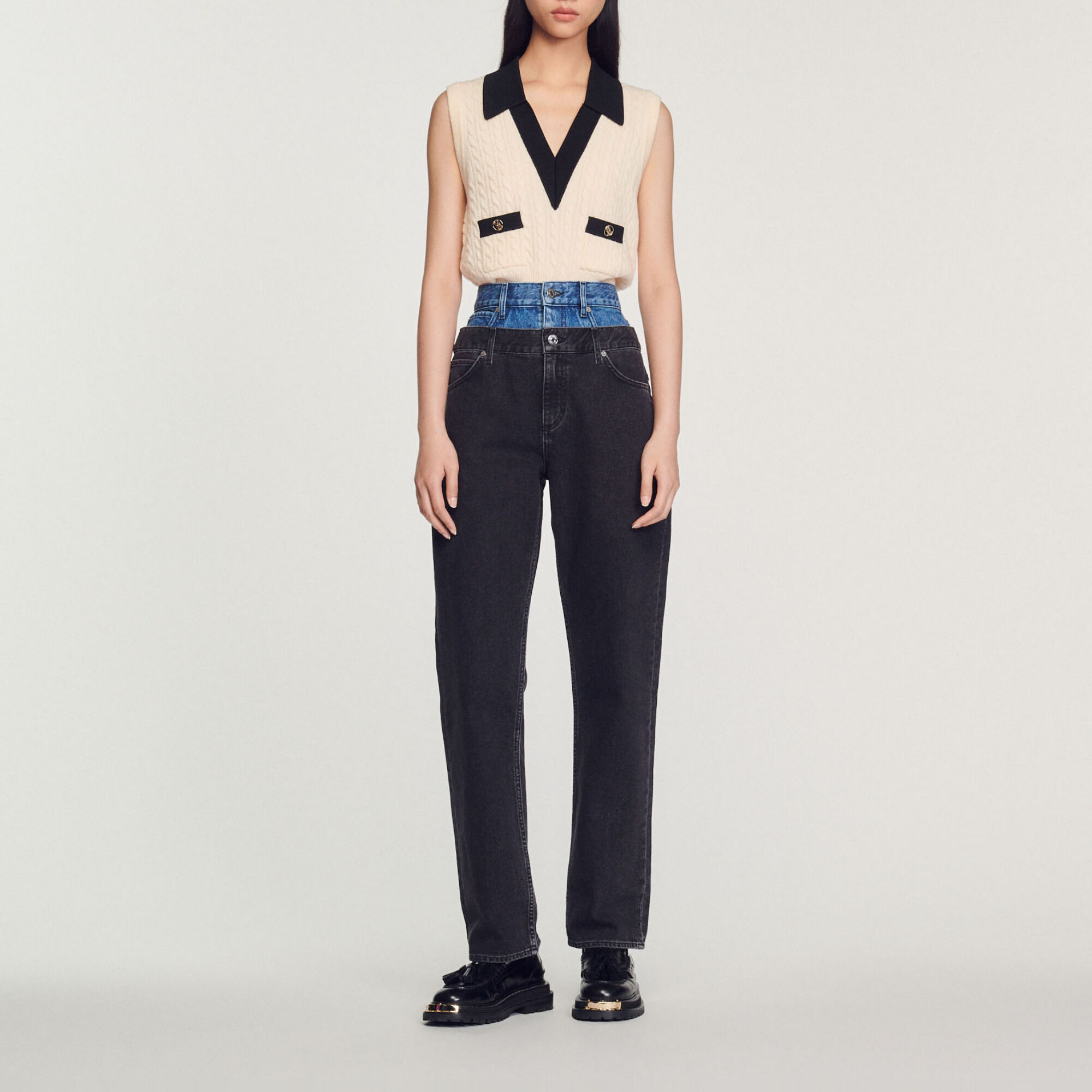 Two-tone double-waisted jeans
