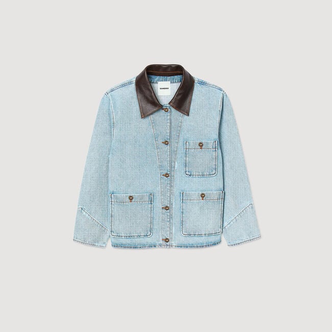 Denim jacket with leather collar