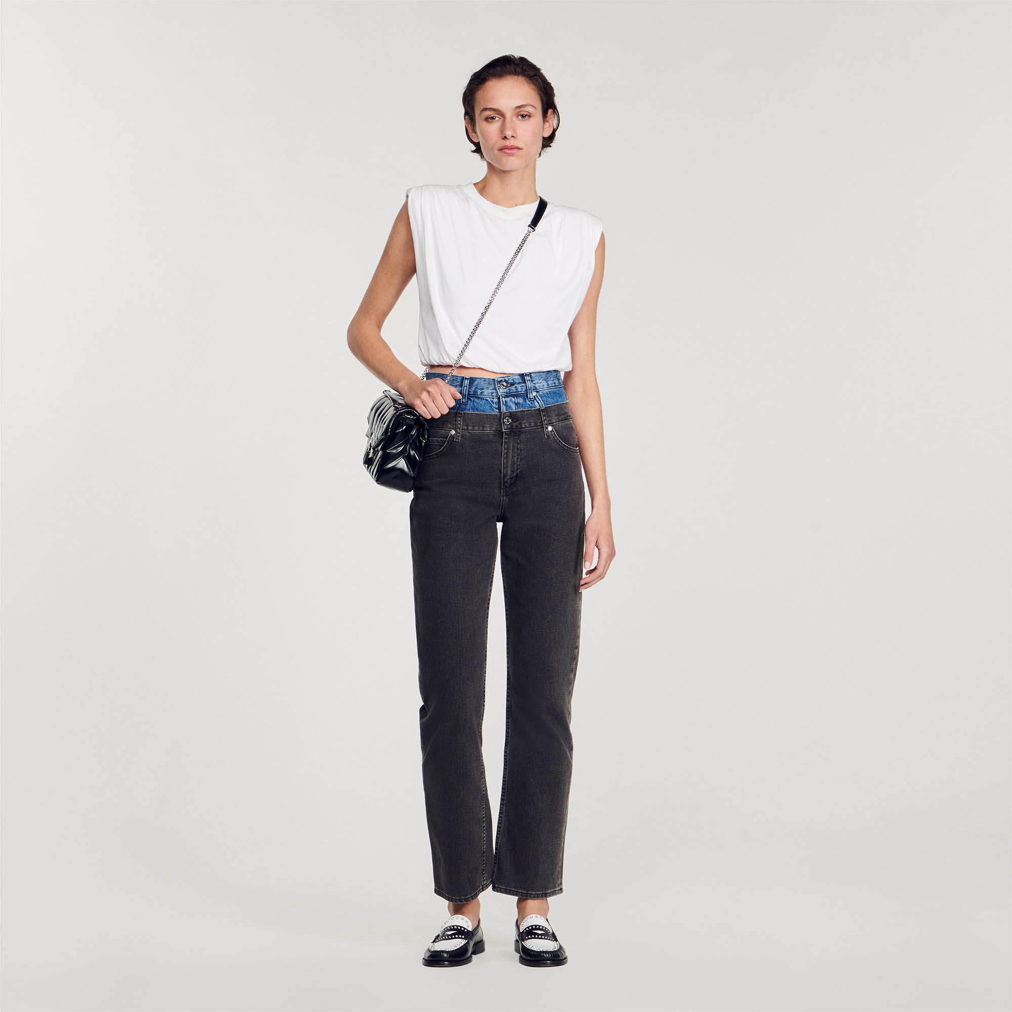 Two-tone double-waisted jeans