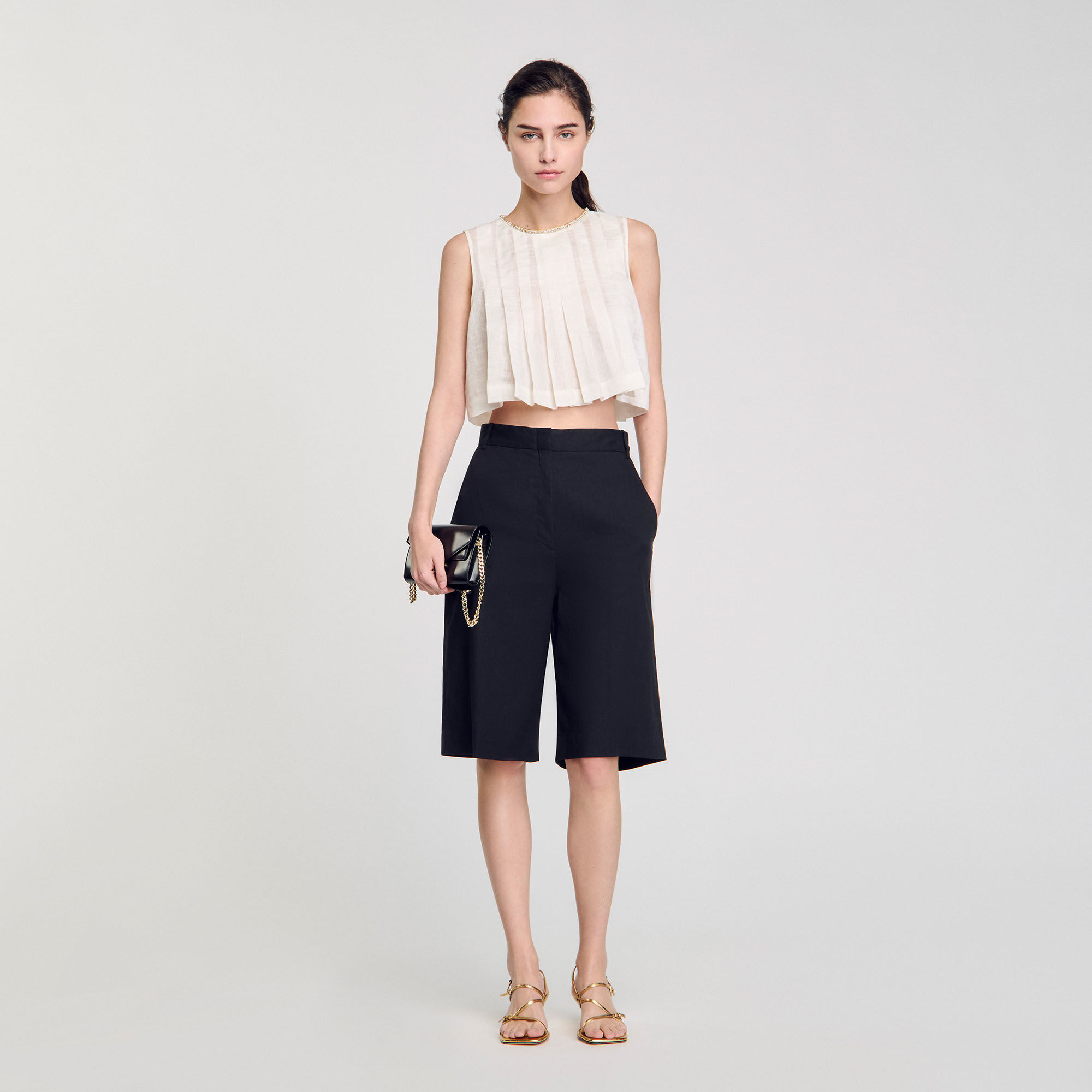 Pleated rhinestone neck crop top