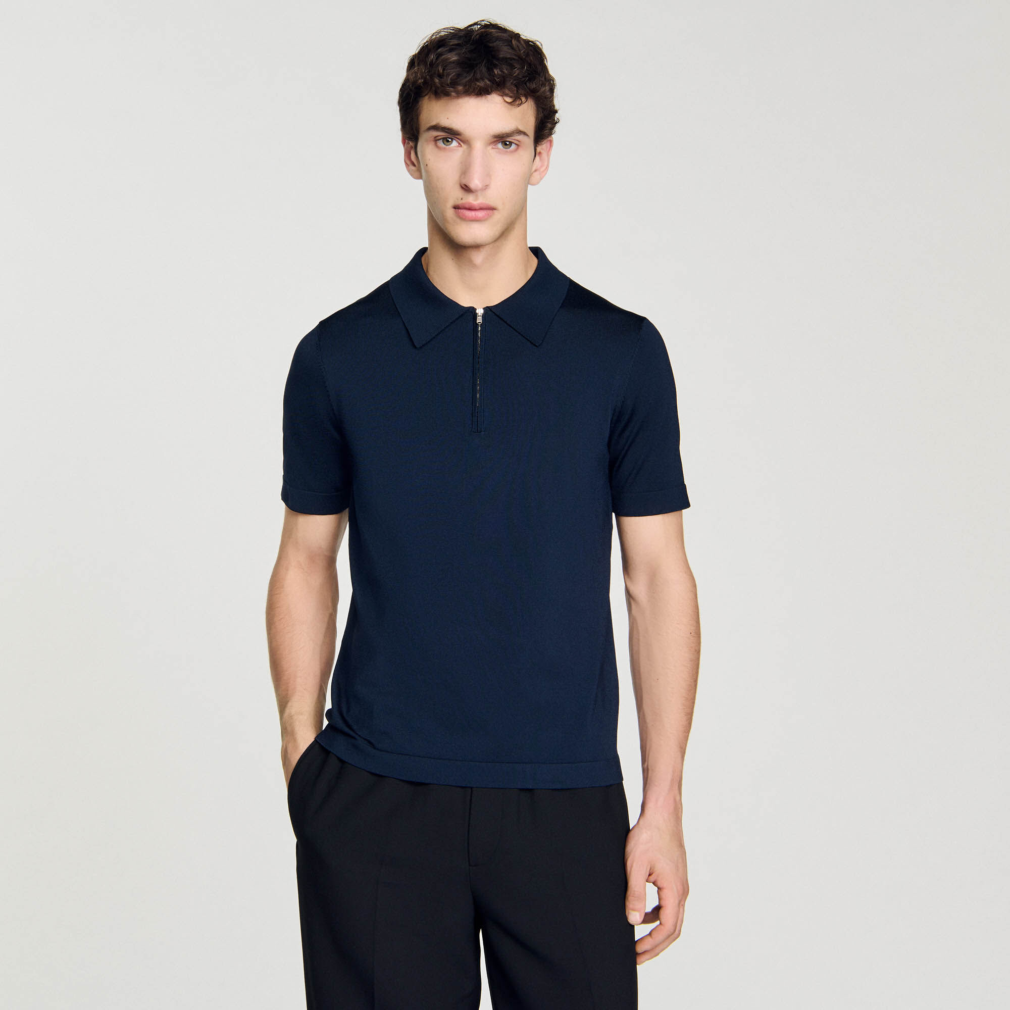 Knitted polo shirt with zip collar
