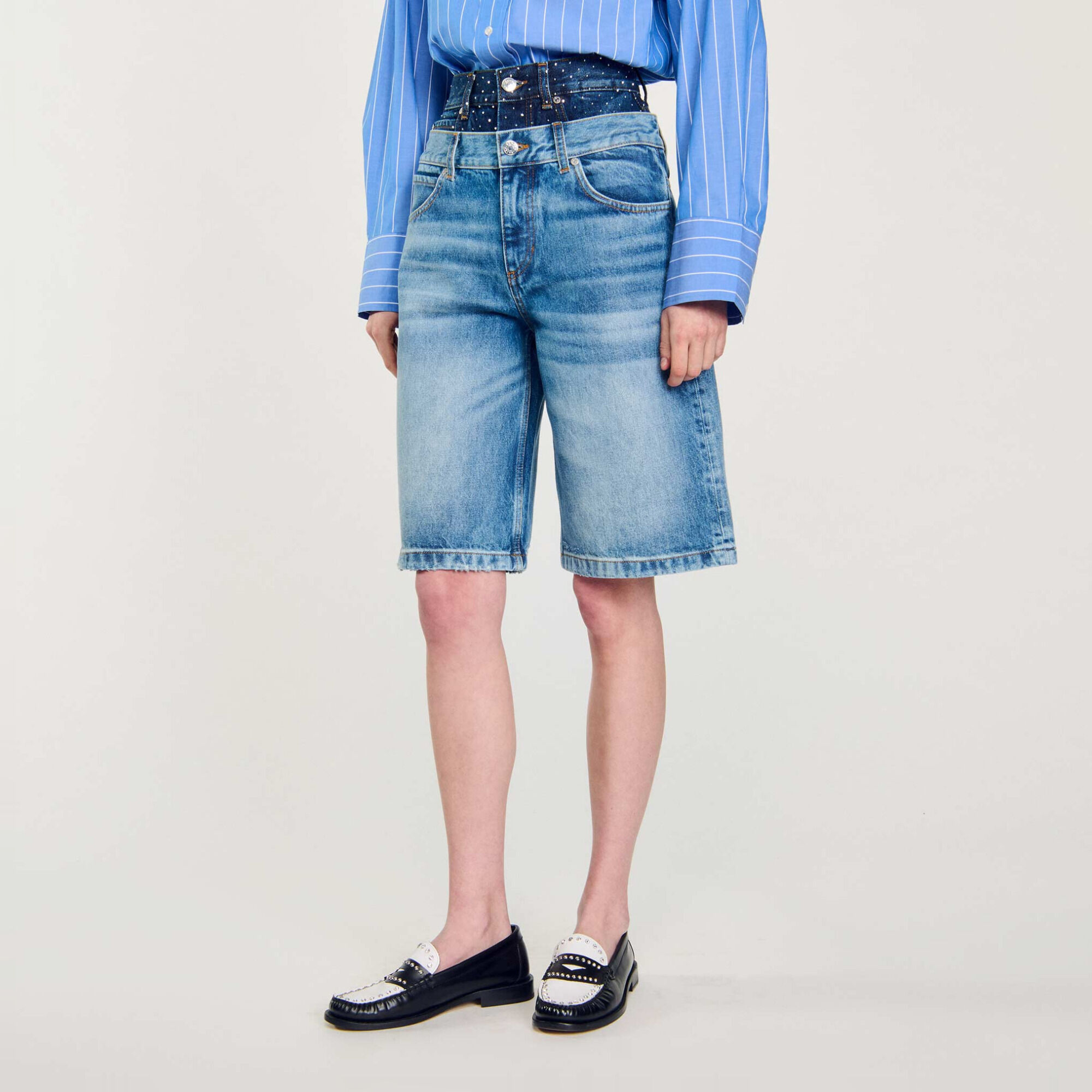 Double-waisted denim Bermuda shorts