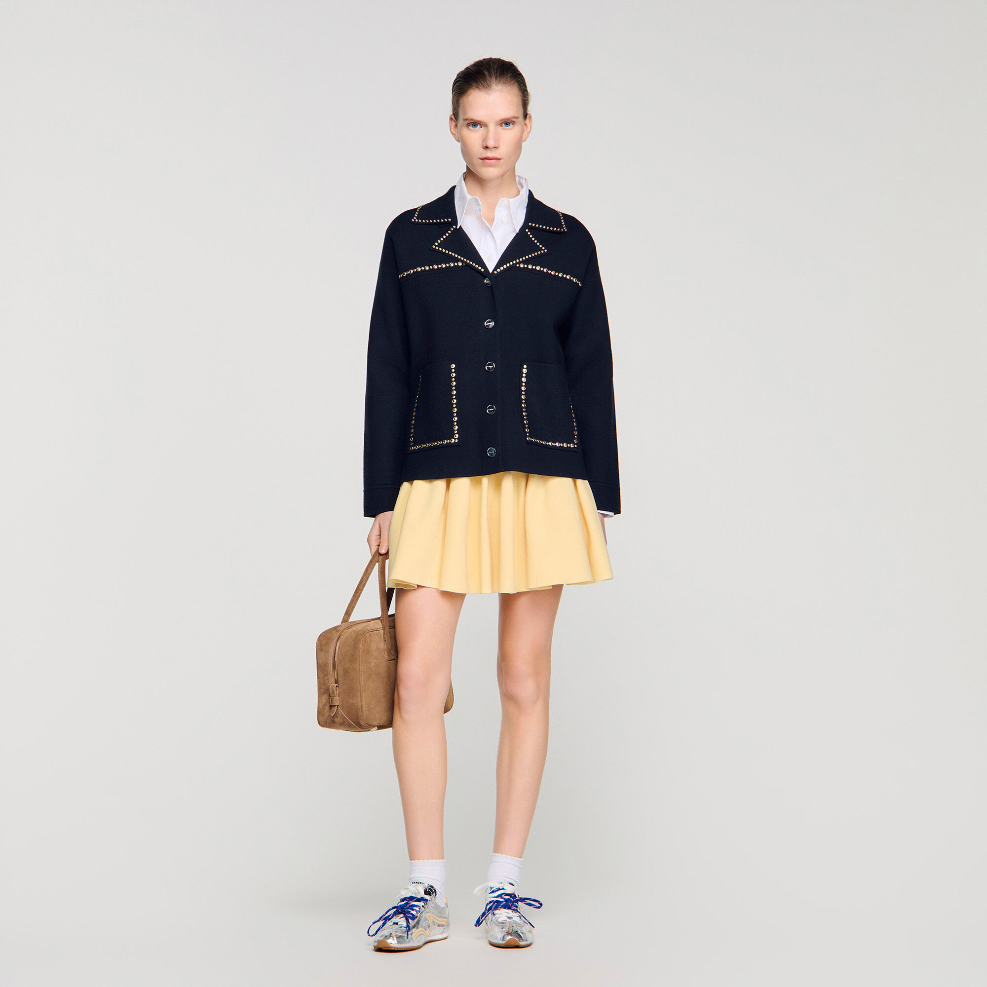 Studded blazer collar cardigan