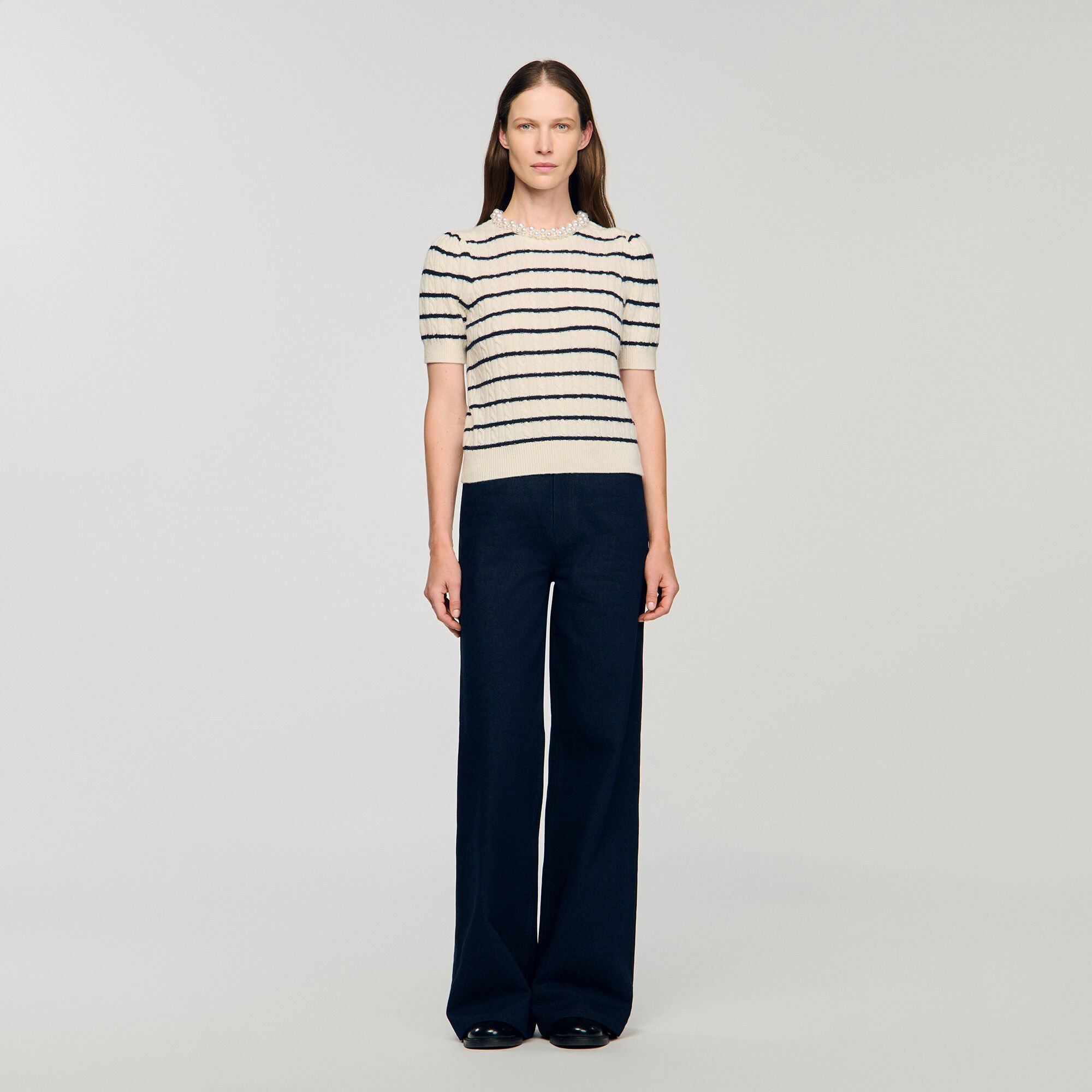 Striped jumper with pearl collar