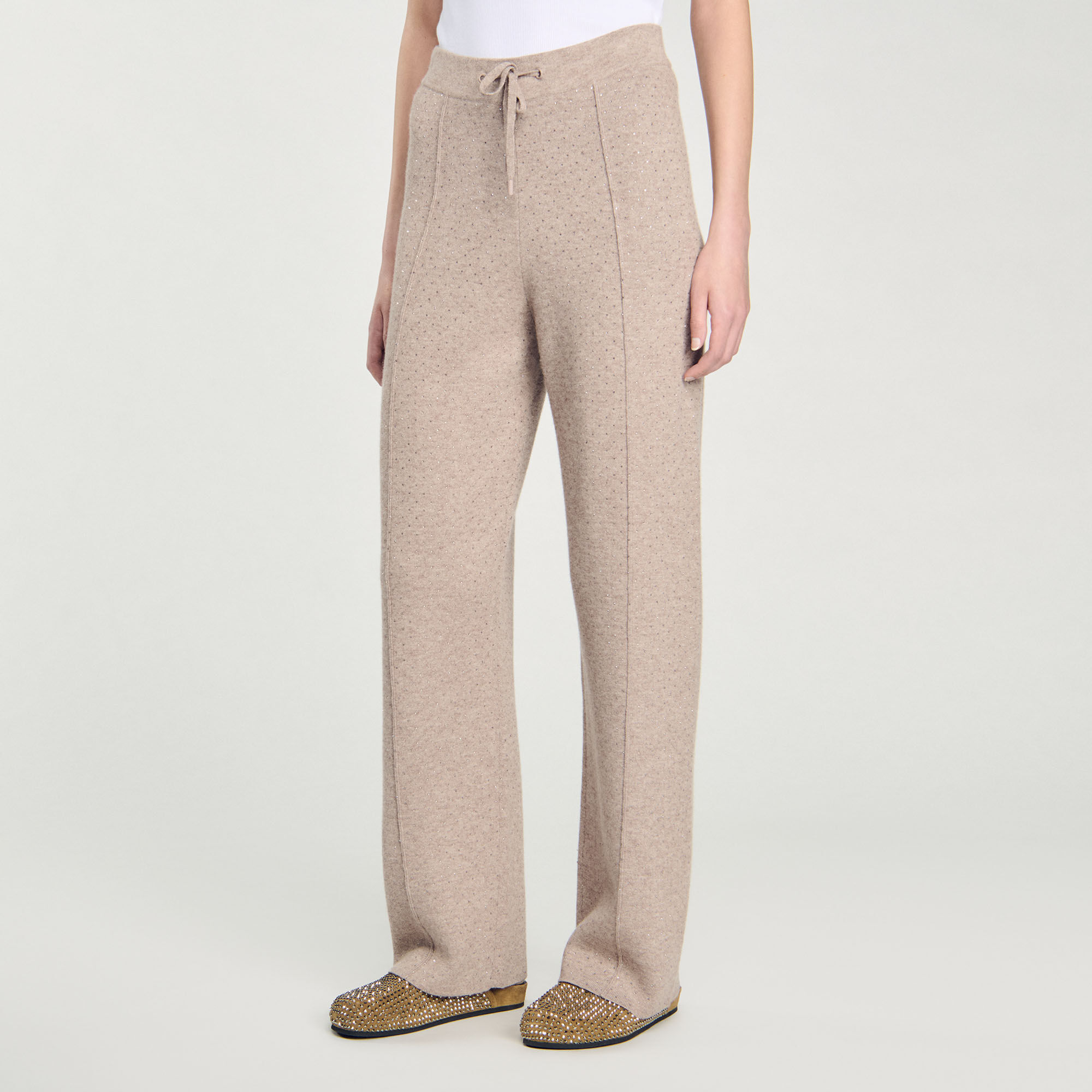 Knit rhinestone-covered trousers