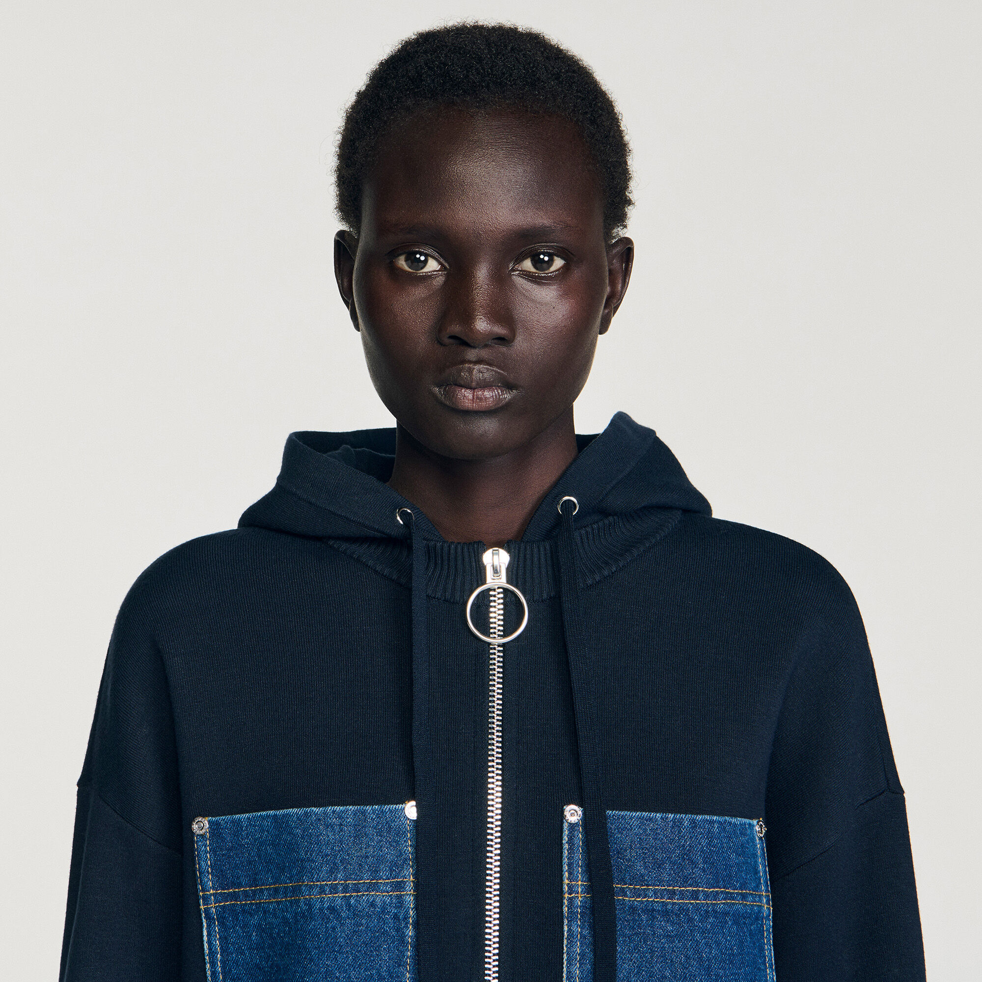 Knit and denim sweatshirt